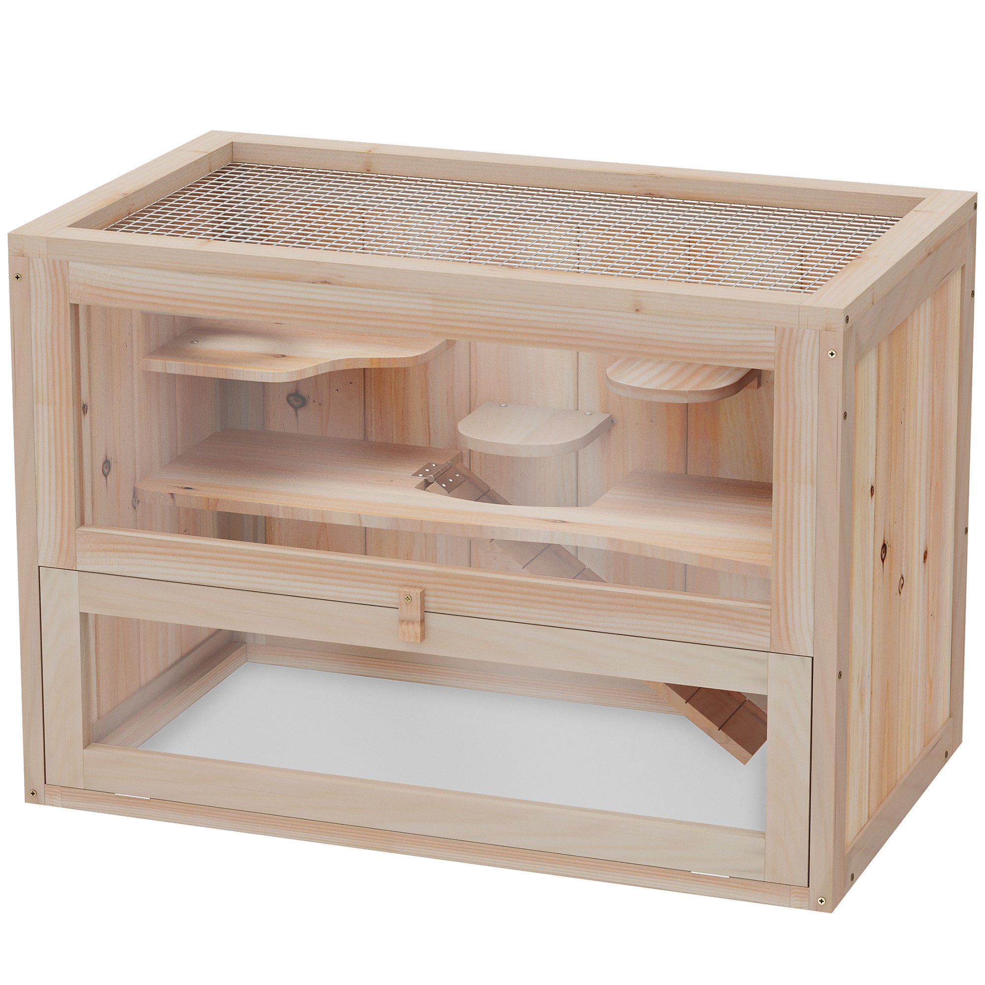 PawHut Wooden Hamster Cage Mouse Mice Rodent Small Animals Hutch Exercise Play House 60 x 35 x 42cm, Natural Wood Finish