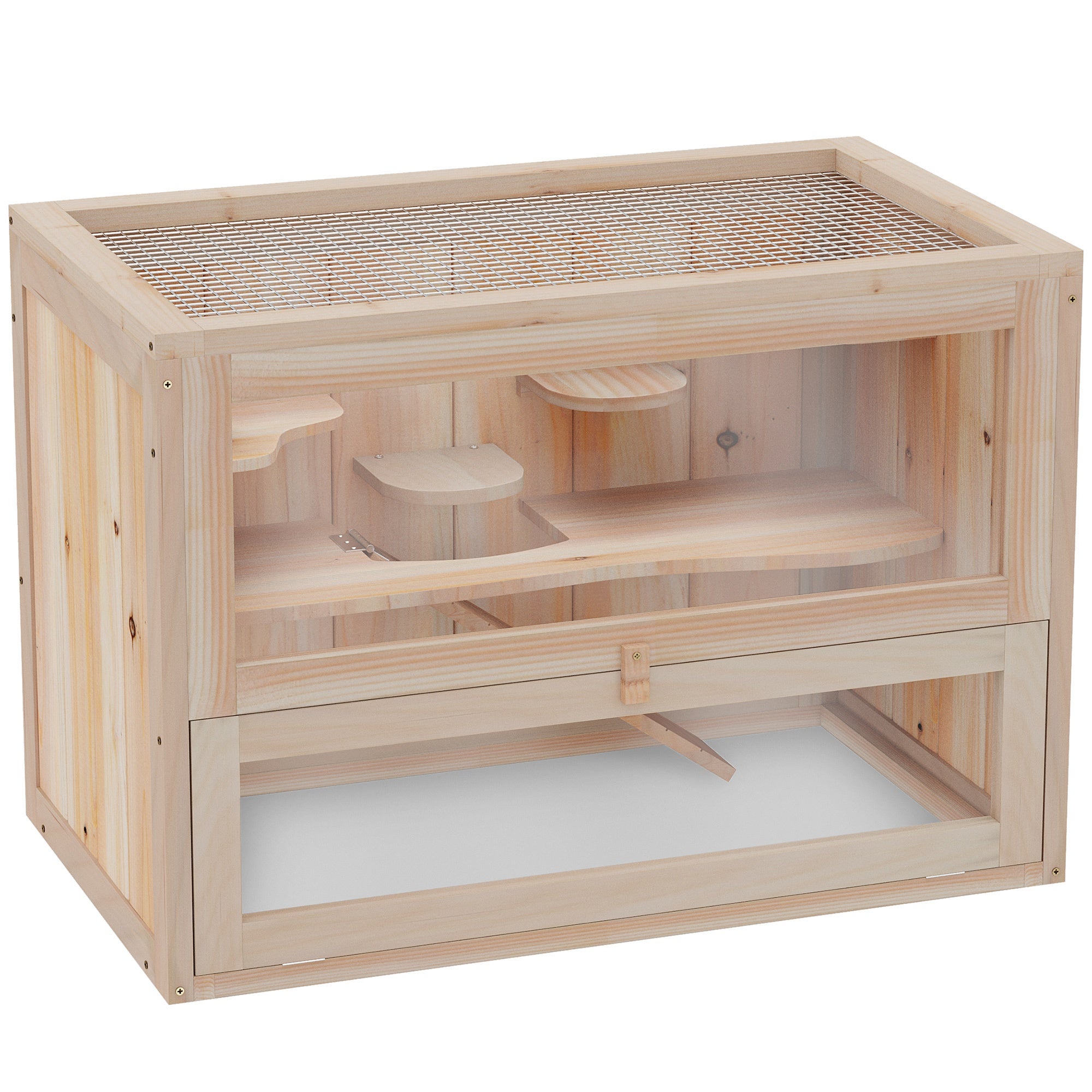 PawHut 24 Inch Hamster Cage, 2 Levels Small Animals Cage with Openable Roof, Run Space, Platforms, Pet House for Dwarf Hamsters, Gerbils, Chinchillas, Natural Wood