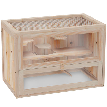 PawHut 24 Inch Hamster Cage, 2 Levels Small Animals Cage with Openable Roof, Run Space, Platforms, Pet House for Dwarf Hamsters, Gerbils, Chinchillas, Natural Wood
