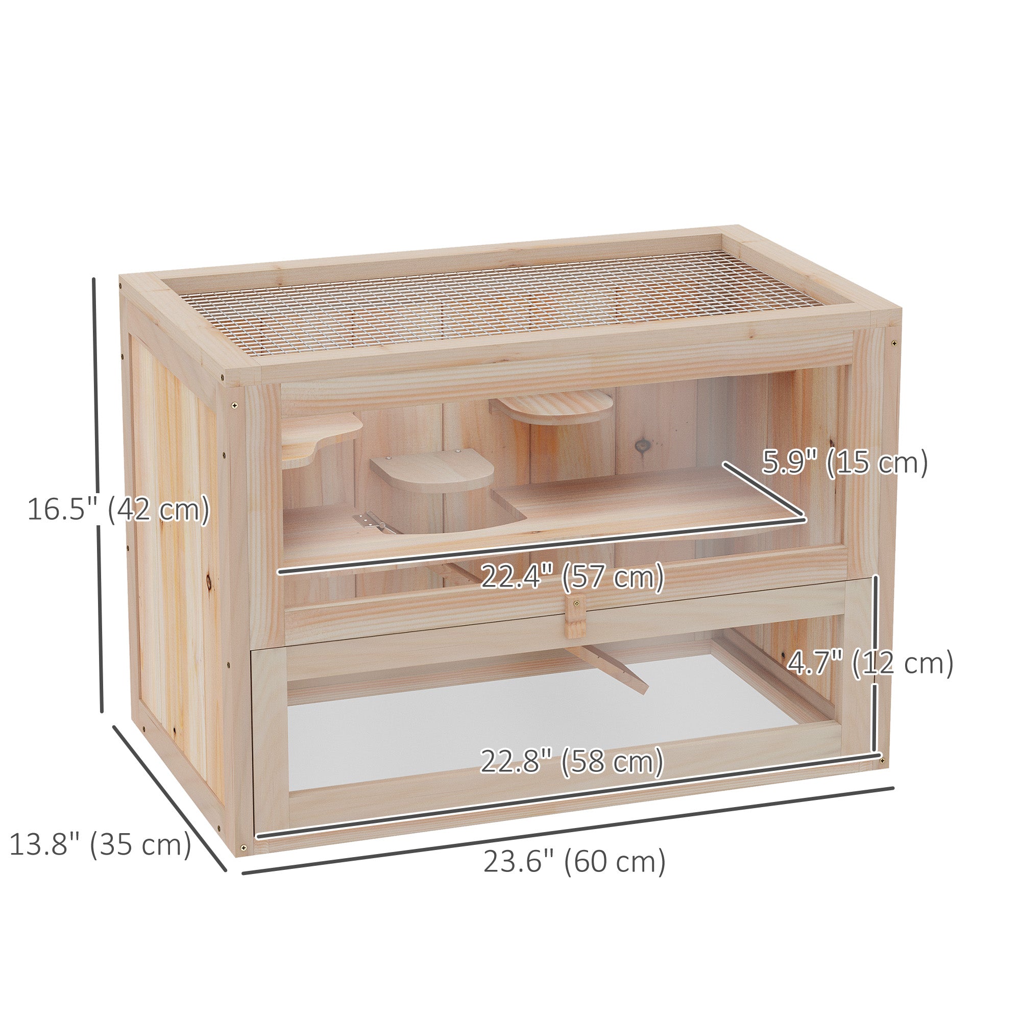 PawHut 24 Inch Hamster Cage, 2 Levels Small Animals Cage with Openable Roof, Run Space, Platforms, Pet House for Dwarf Hamsters, Gerbils, Chinchillas, Natural Wood