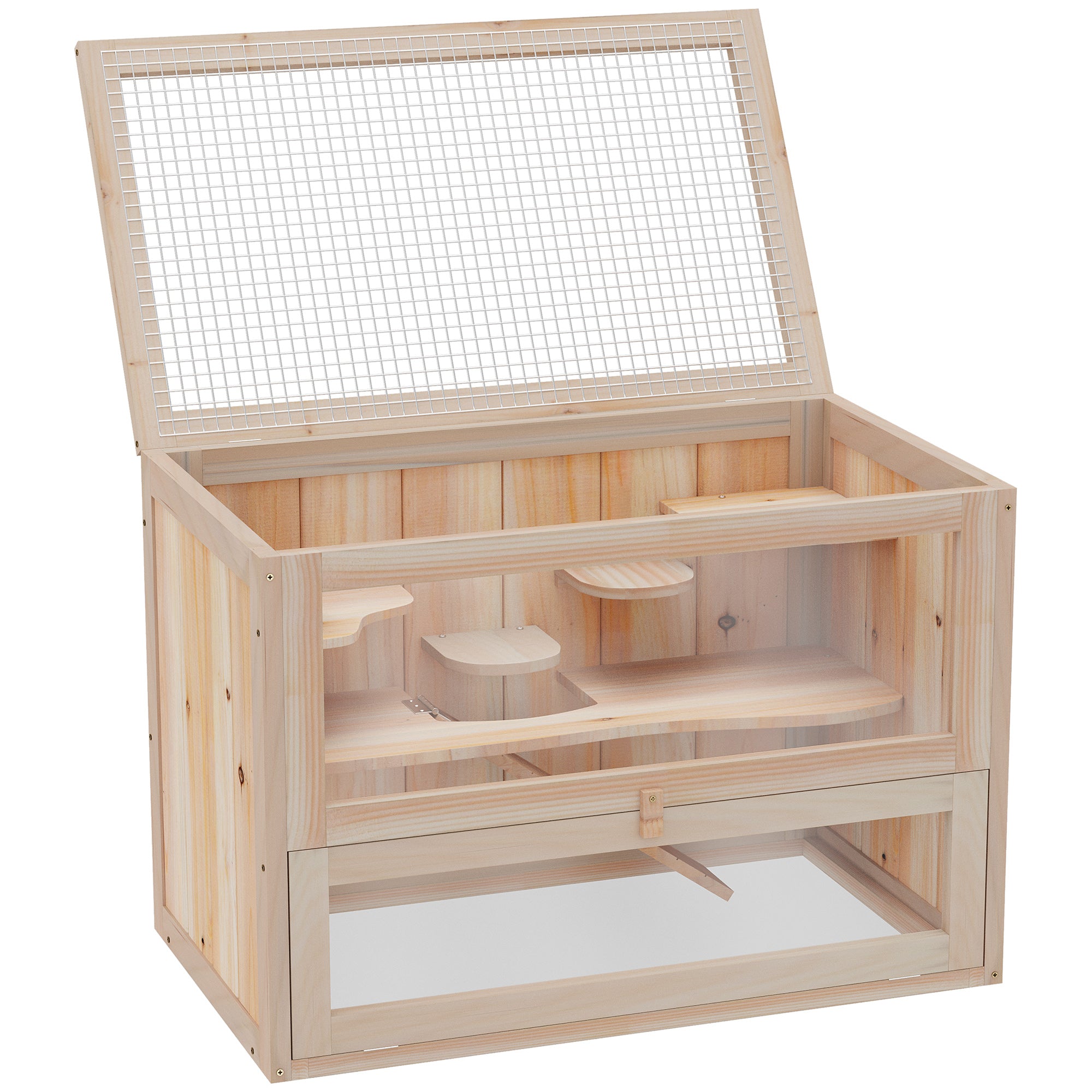 PawHut 24 Inch Hamster Cage, 2 Levels Small Animals Cage with Openable Roof, Run Space, Platforms, Pet House for Dwarf Hamsters, Gerbils, Chinchillas, Natural Wood