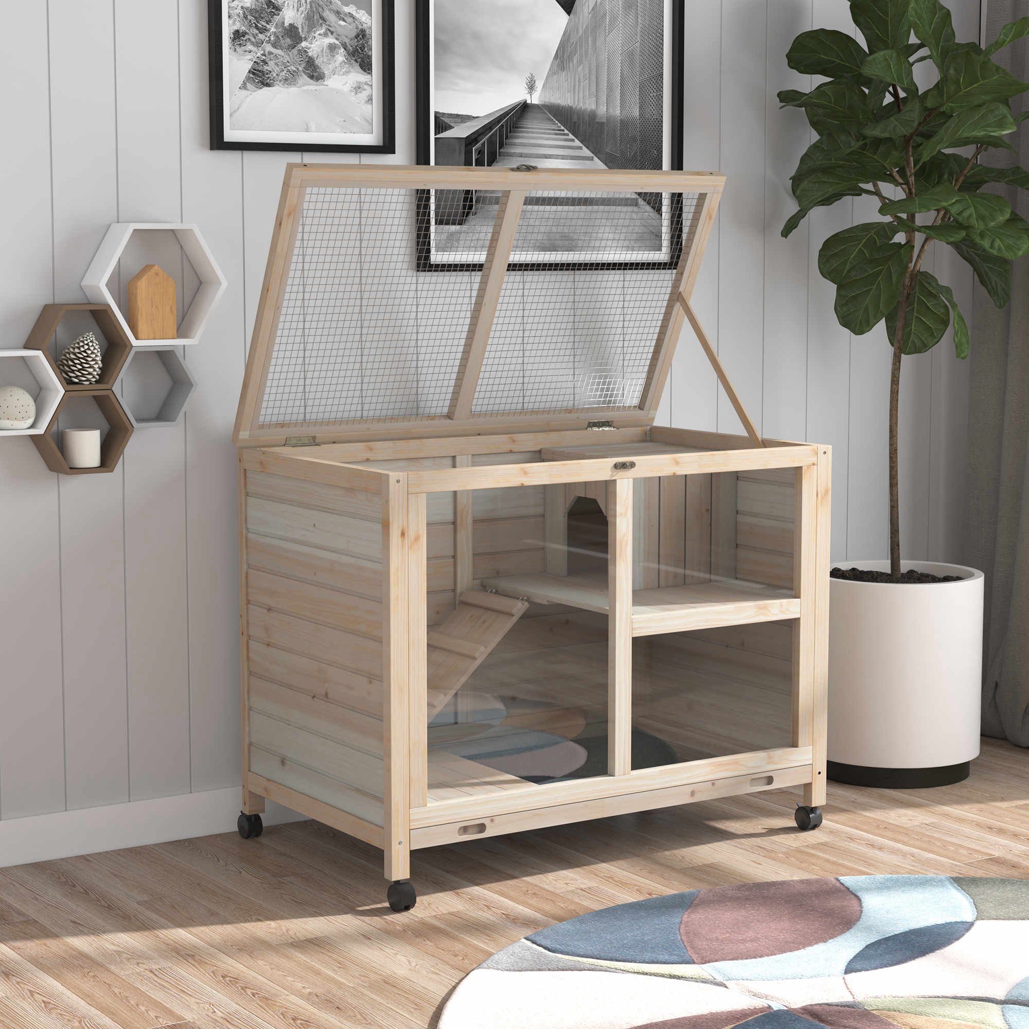 PawHut Indoor Rabbit Hutch with Wheels, Bunny Cage Guinea Pig House Small Animals Habitat W/ Top Access, Ramp, Pull Out Tray, Natural Wood