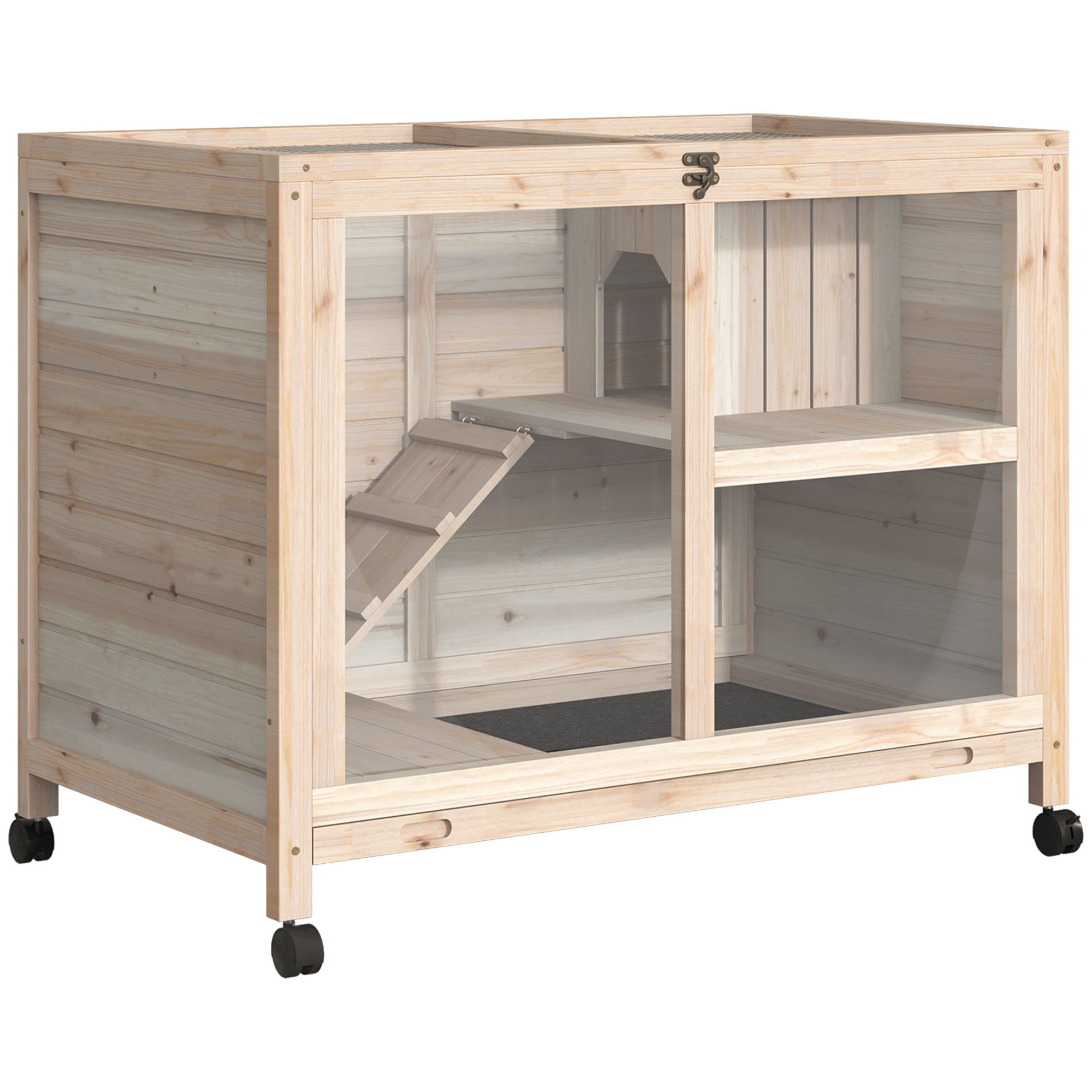 PawHut Rabbit Hutch Indoor Wooden Guinea Pig House Hamster Cage with Wheels, 2 Layers Bunny Cage with Openable Roof, 91.5 x 53.3 x 73 cm, Natural