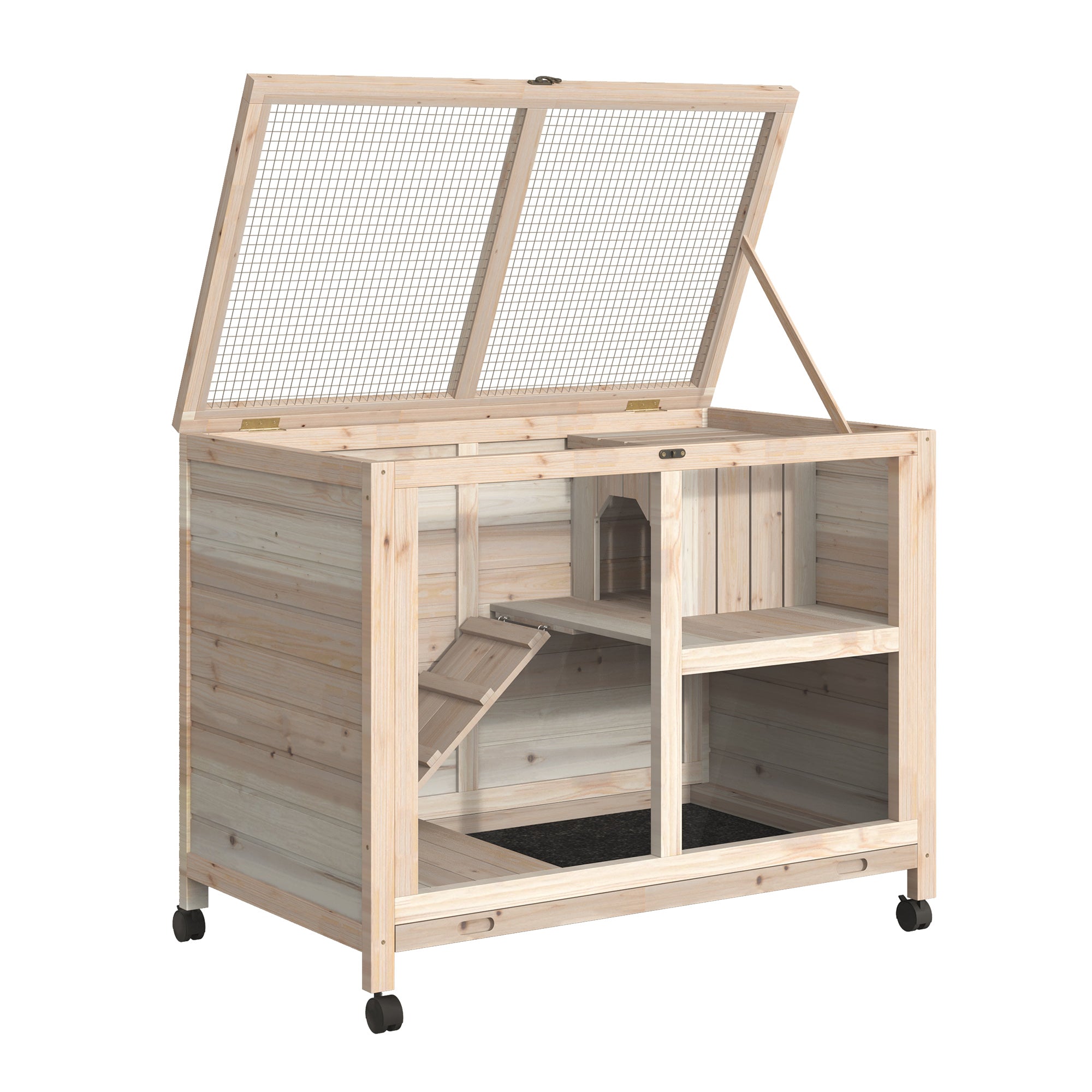 PawHut Indoor Rabbit Hutch with Wheels, Bunny Cage Guinea Pig House Small Animals Habitat W/ Top Access, Ramp, Pull Out Tray, Natural Wood