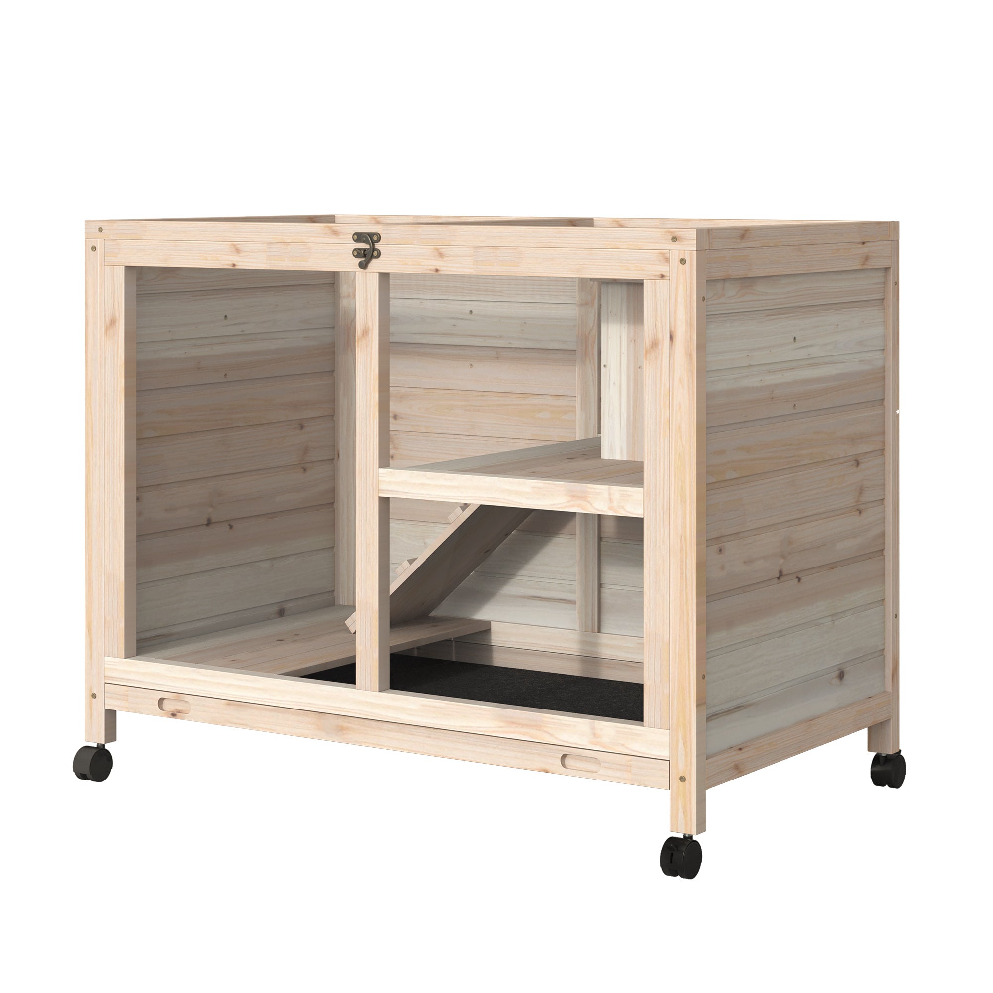PawHut Indoor Rabbit Hutch with Wheels, Bunny Cage Guinea Pig House Small Animals Habitat W/ Top Access, Ramp, Pull Out Tray, Natural Wood