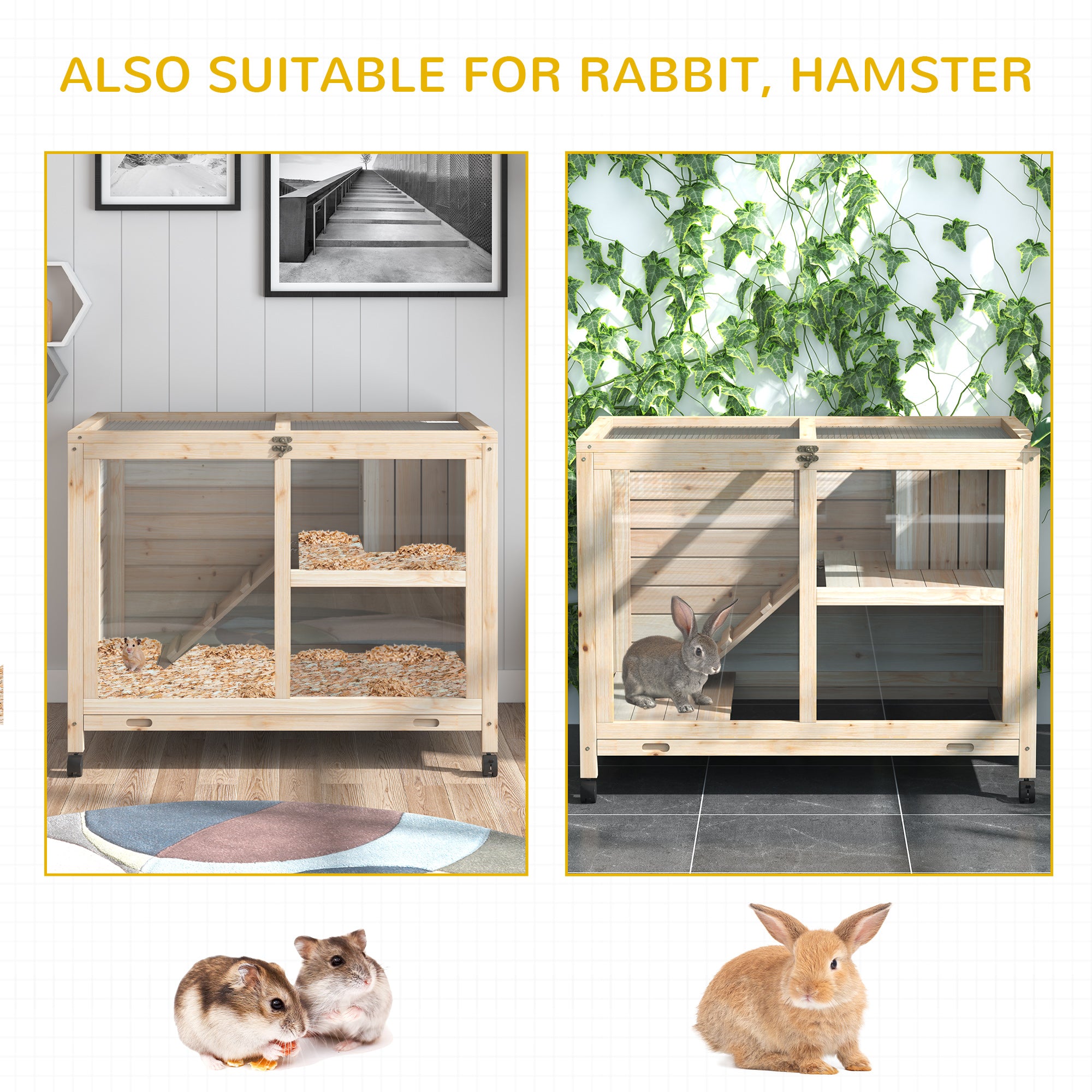 PawHut Rabbit Hutch Indoor Wooden Guinea Pig House Hamster Cage with Wheels, 2 Layers Bunny Cage with Openable Roof, 91.5 x 53.3 x 73 cm, Natural