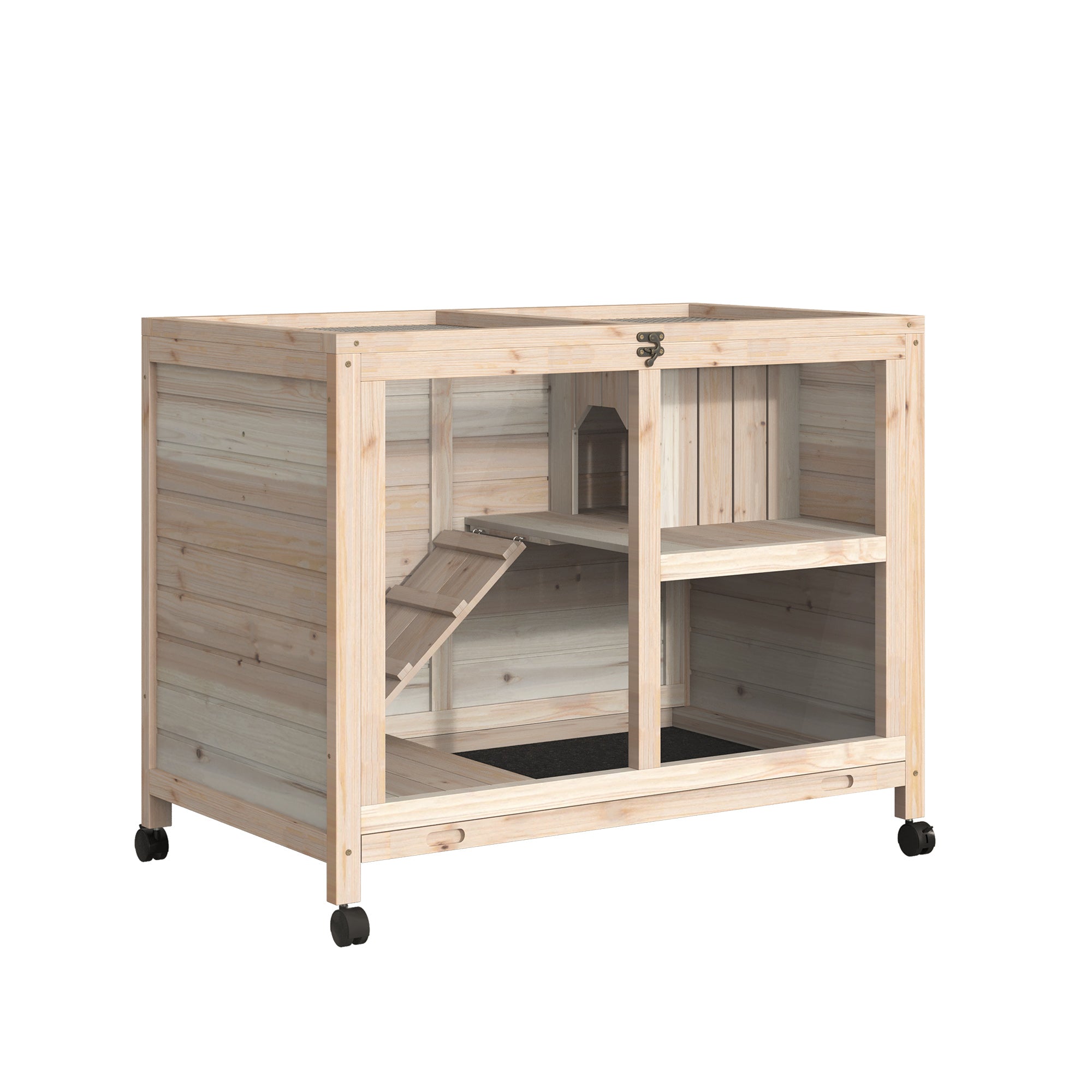 PawHut Indoor Rabbit Hutch with Wheels, Bunny Cage Guinea Pig House Small Animals Habitat W/ Top Access, Ramp, Pull Out Tray, Natural Wood