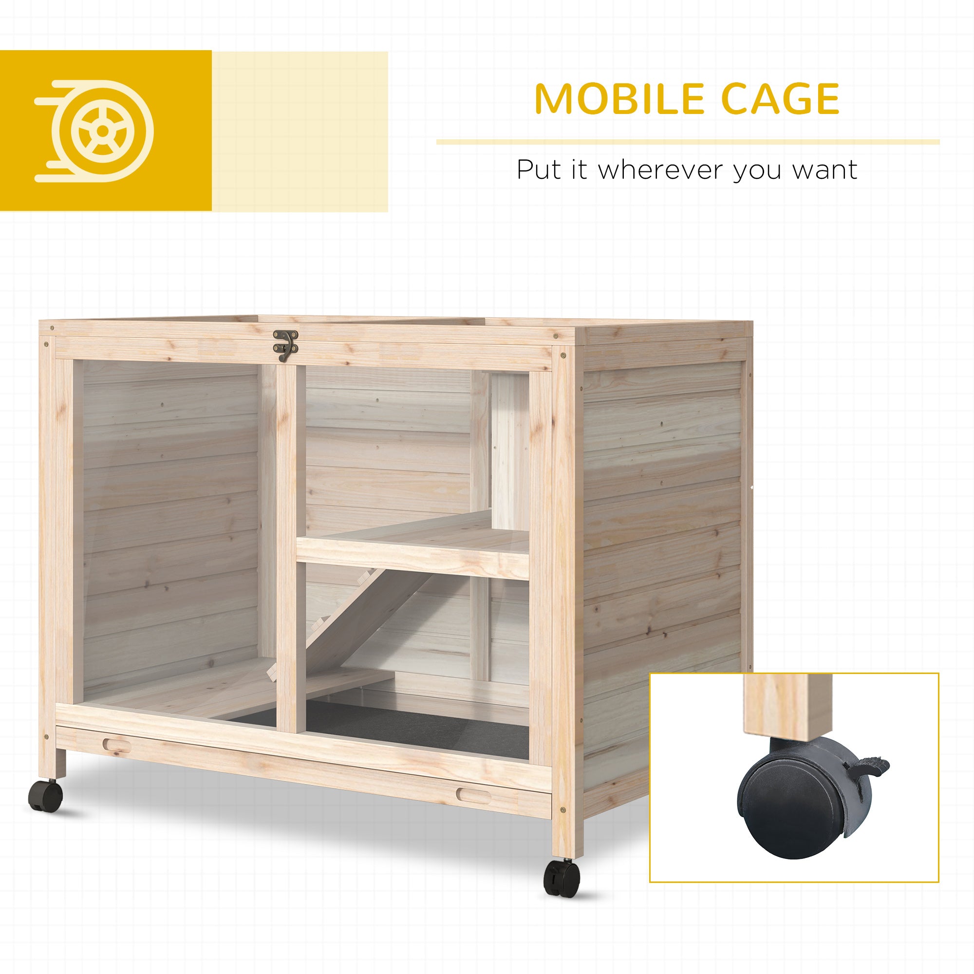 PawHut Indoor Rabbit Hutch with Wheels, Bunny Cage Guinea Pig House Small Animals Habitat W/ Top Access, Ramp, Pull Out Tray, Natural Wood