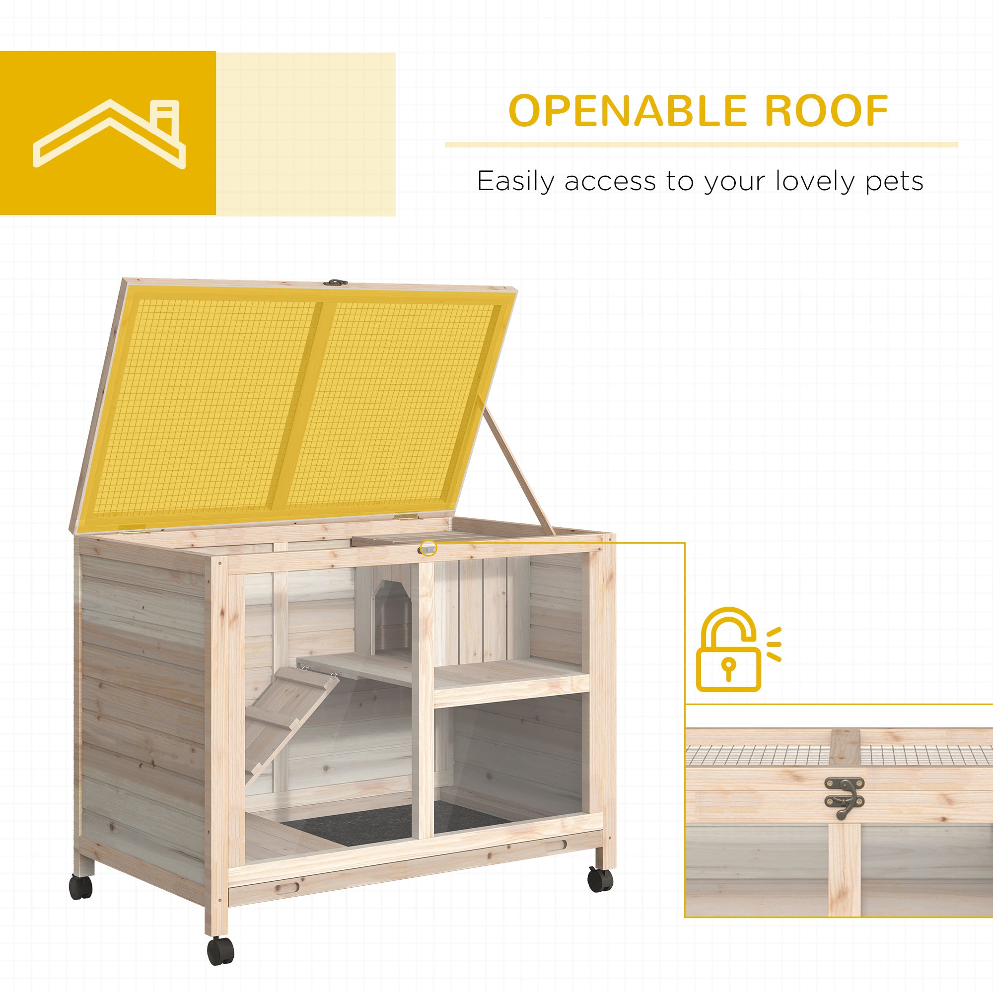 PawHut Indoor Rabbit Hutch with Wheels, Bunny Cage Guinea Pig House Small Animals Habitat W/ Top Access, Ramp, Pull Out Tray, Natural Wood