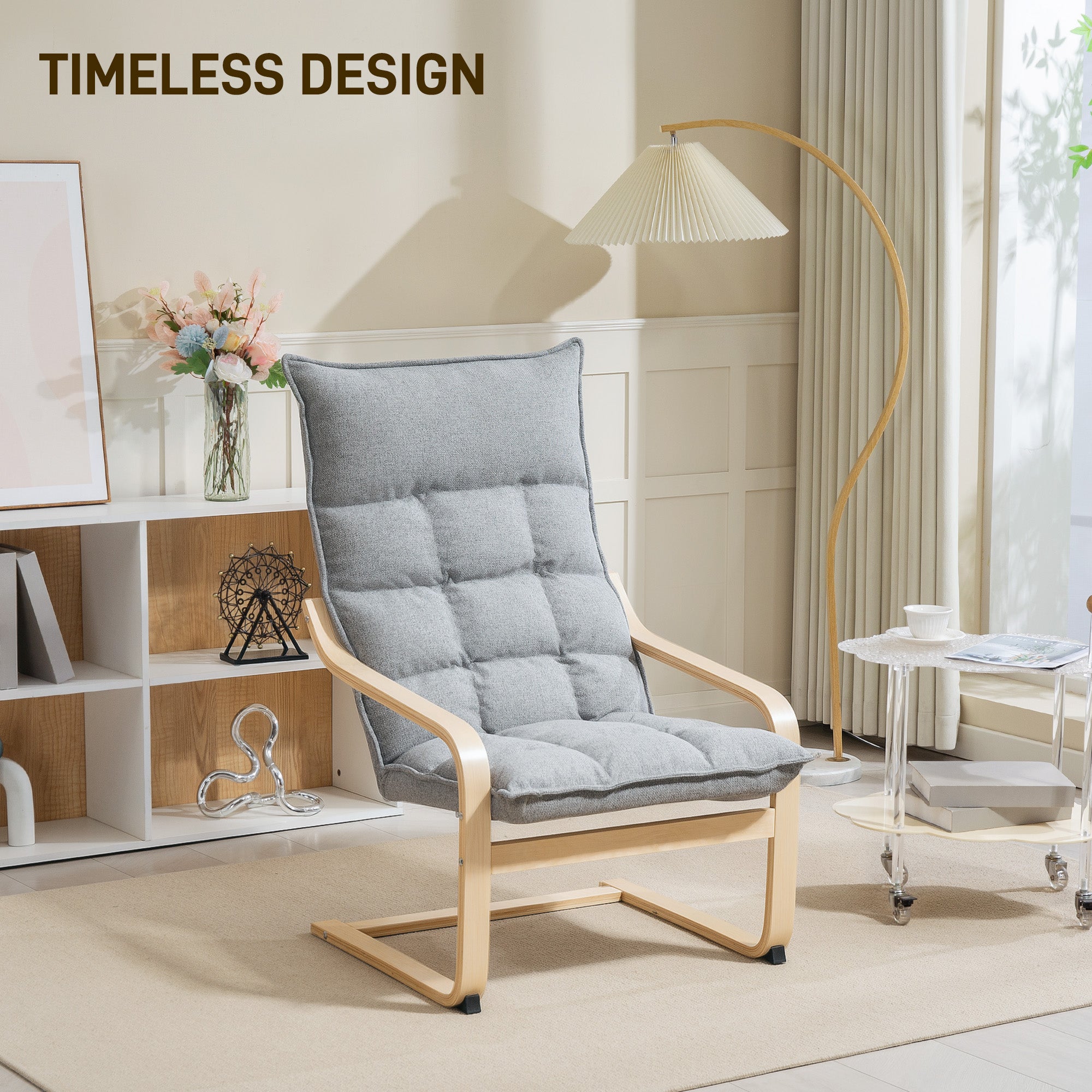 HOMCOM Modern Armchair, Upholstered Linen Accent Chair with Curved Leg and Arm, Leisure Lounge Chair for Living Room, Bedroom, Balcony, Office, Light Grey