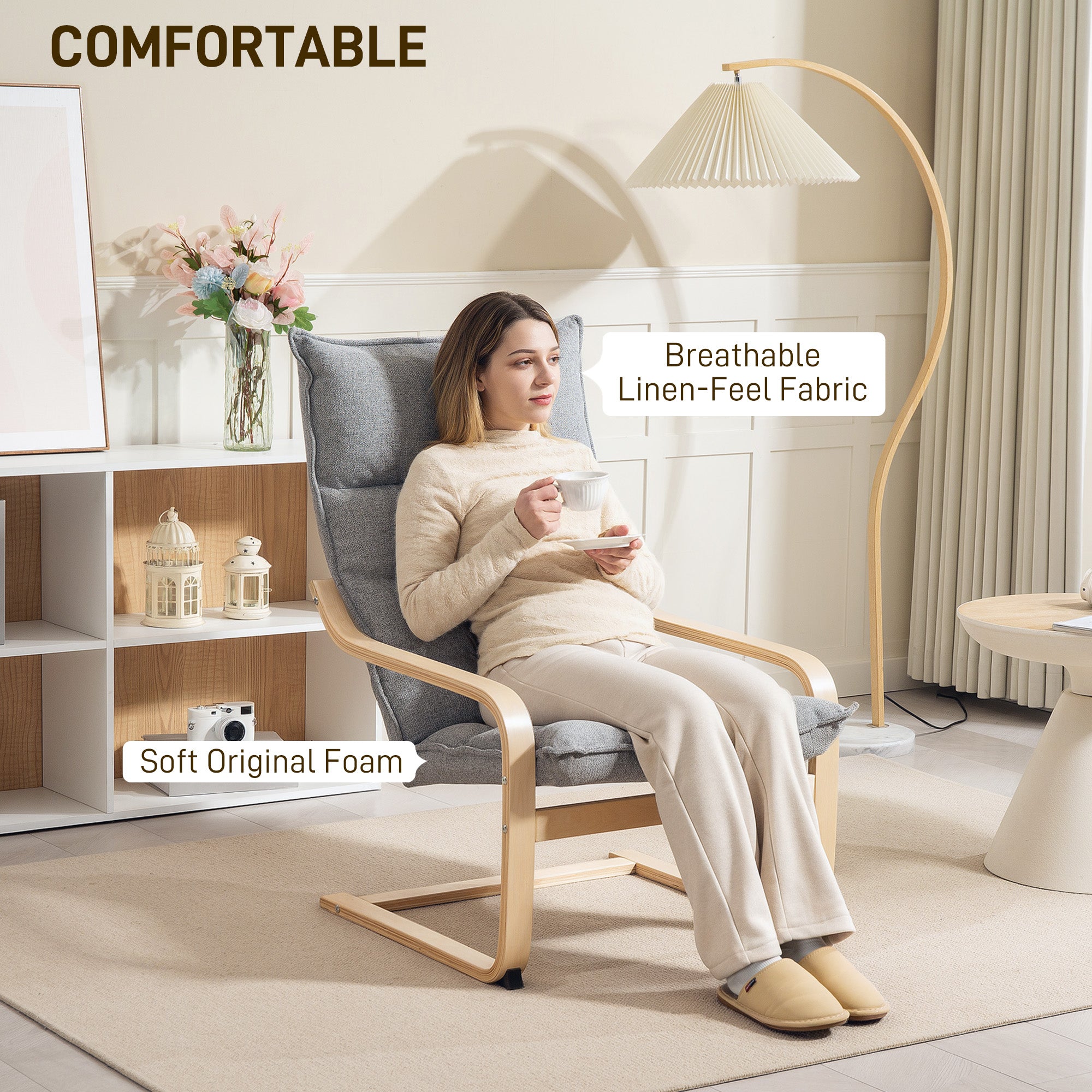 HOMCOM Modern Armchair, Upholstered Linen Accent Chair with Curved Leg and Arm, Leisure Lounge Chair for Living Room, Bedroom, Balcony, Office, Light Grey