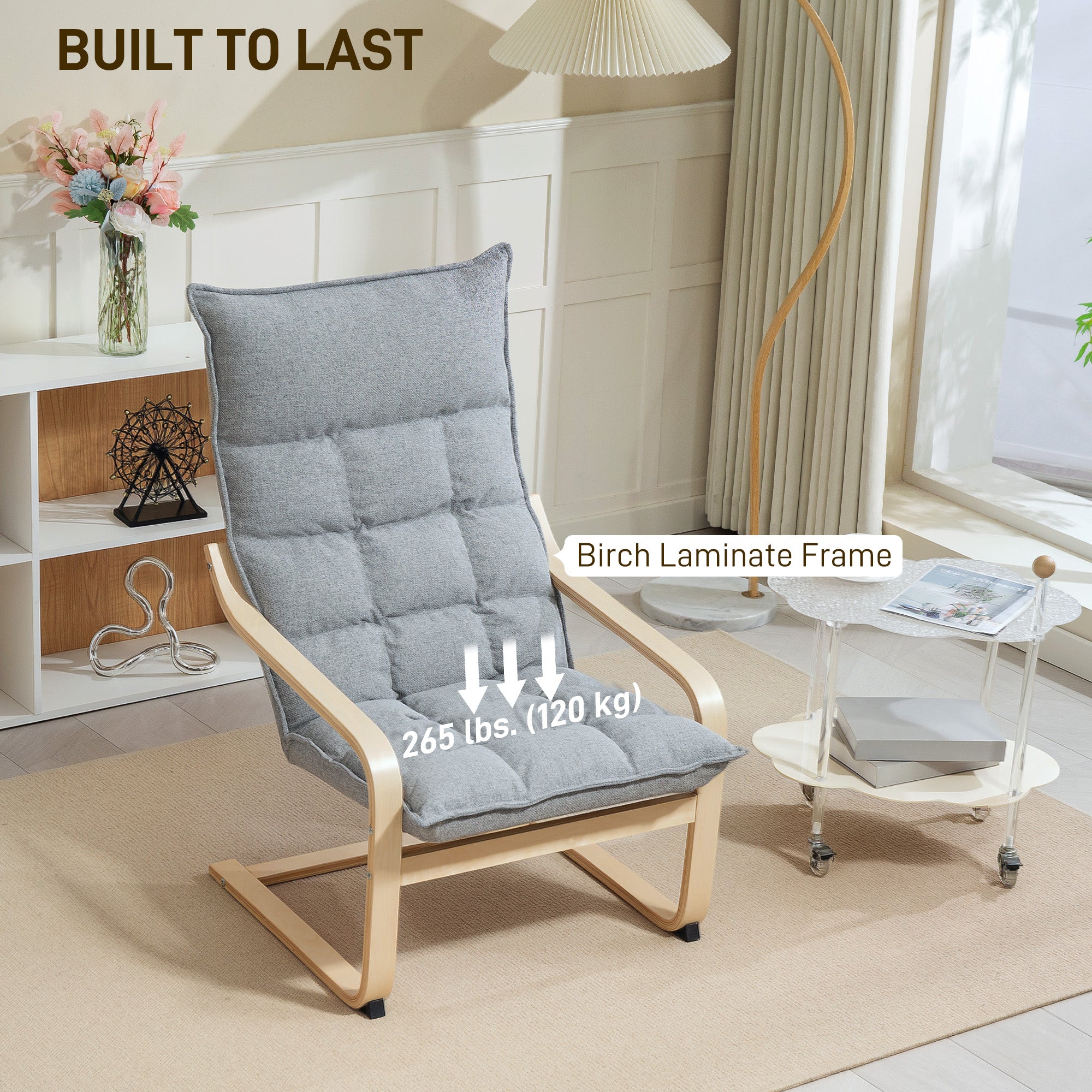 HOMCOM Modern Armchair, Upholstered Linen Accent Chair with Curved Leg and Arm, Leisure Lounge Chair for Living Room, Bedroom, Balcony, Office, Light Grey