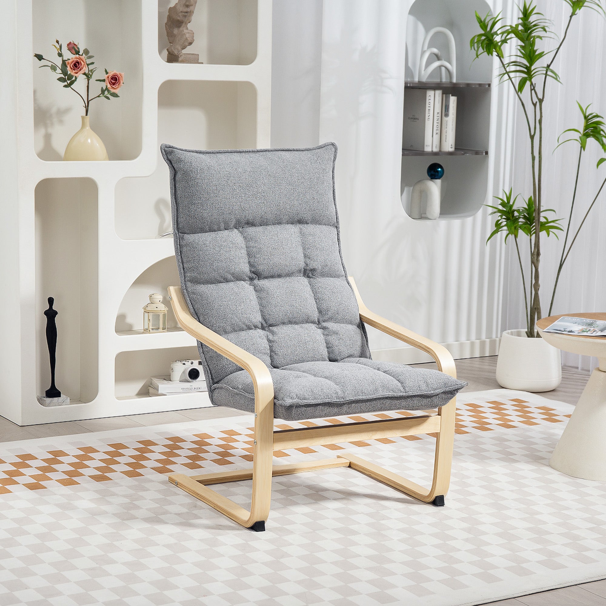 HOMCOM Modern Armchair, Upholstered Linen Accent Chair with Curved Leg and Arm, Leisure Lounge Chair for Living Room, Bedroom, Balcony, Office, Light Grey