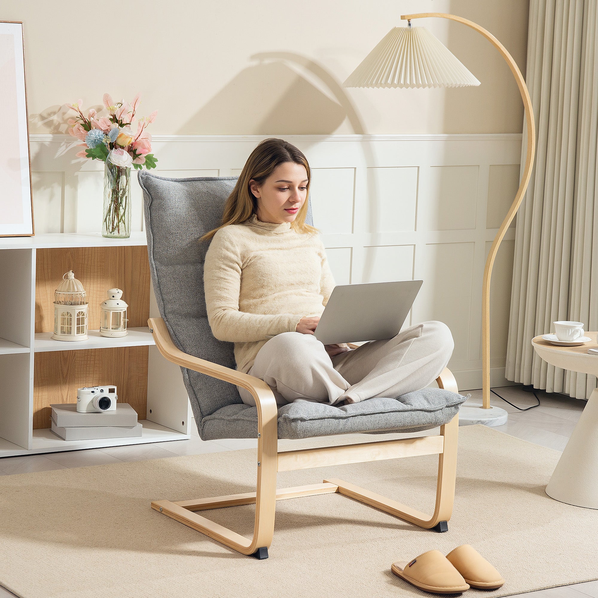 HOMCOM Modern Armchair, Upholstered Linen Accent Chair with Curved Leg and Arm, Leisure Lounge Chair for Living Room, Bedroom, Balcony, Office, Light Grey