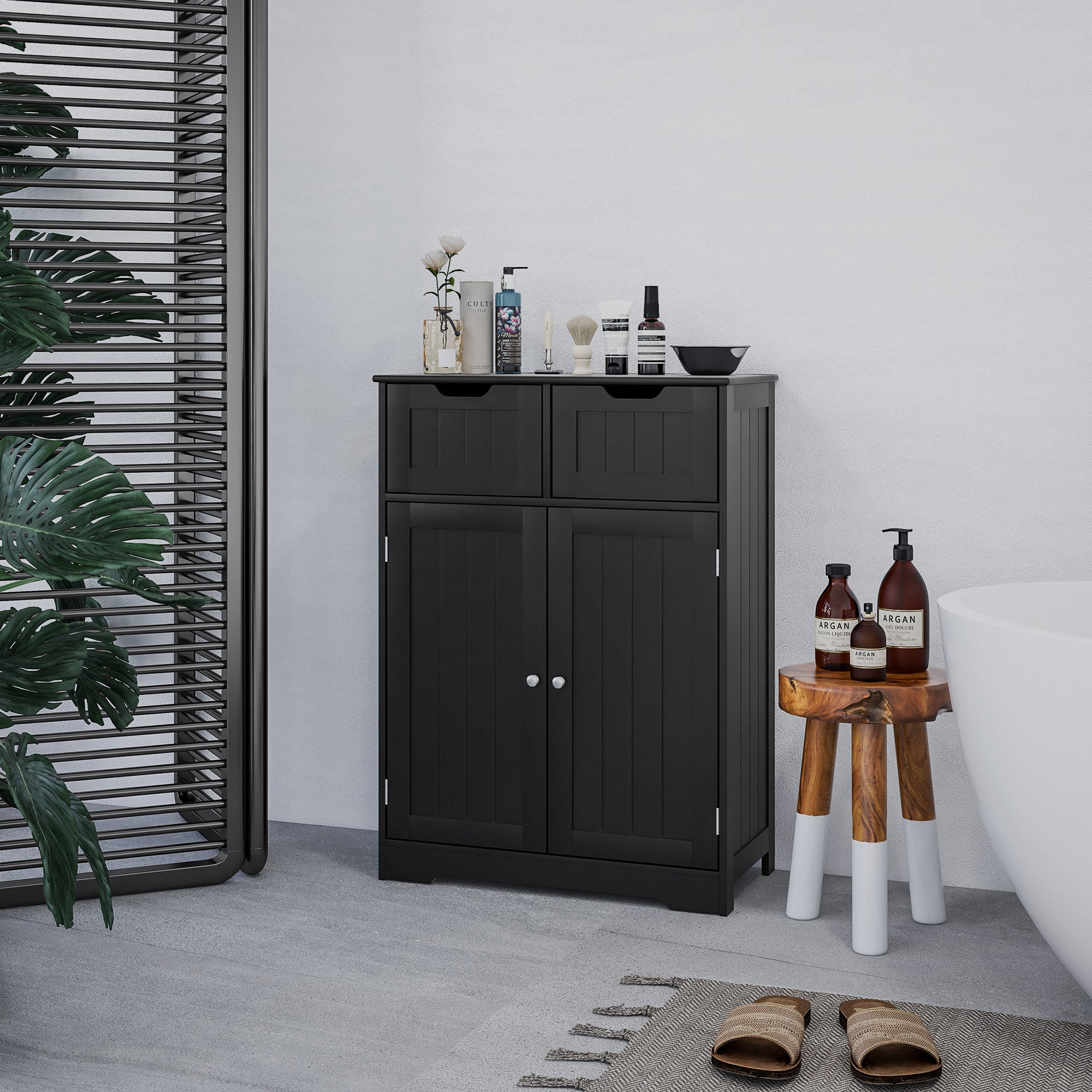 kleankin Freestanding Bathroom Storage Cabinet, Floor Cupboard with 2 Drawers, Adjustable Shelf, for Bathroom, Living Room or Entryway, Black