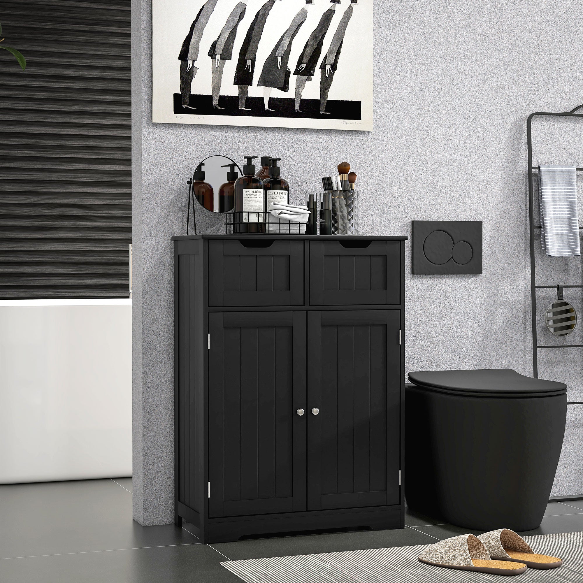 kleankin Freestanding Bathroom Storage Cabinet, Floor Cupboard with 2 Drawers, Adjustable Shelf, for Bathroom, Living Room or Entryway, Black