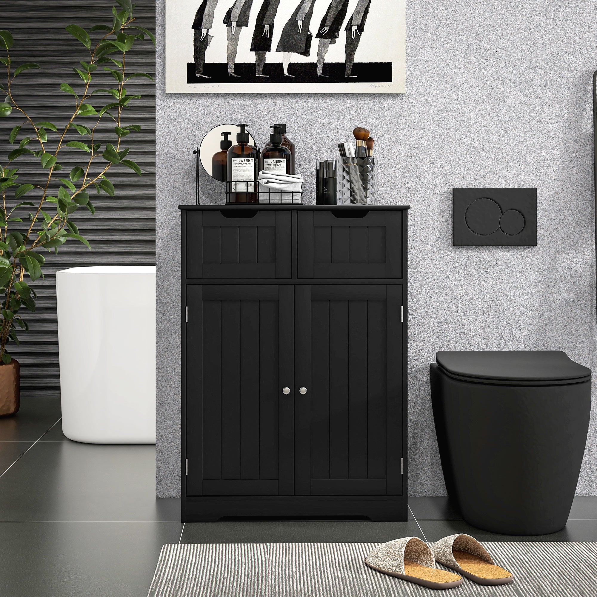 kleankin Freestanding Bathroom Storage Cabinet, Floor Cupboard with 2 Drawers, Adjustable Shelf, for Bathroom, Living Room or Entryway, Black