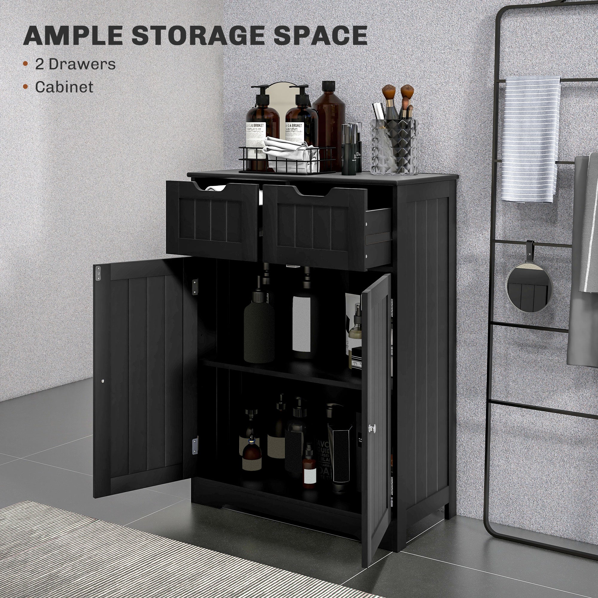 kleankin Freestanding Bathroom Storage Cabinet, Floor Cupboard with 2 Drawers, Adjustable Shelf, for Bathroom, Living Room or Entryway, Black