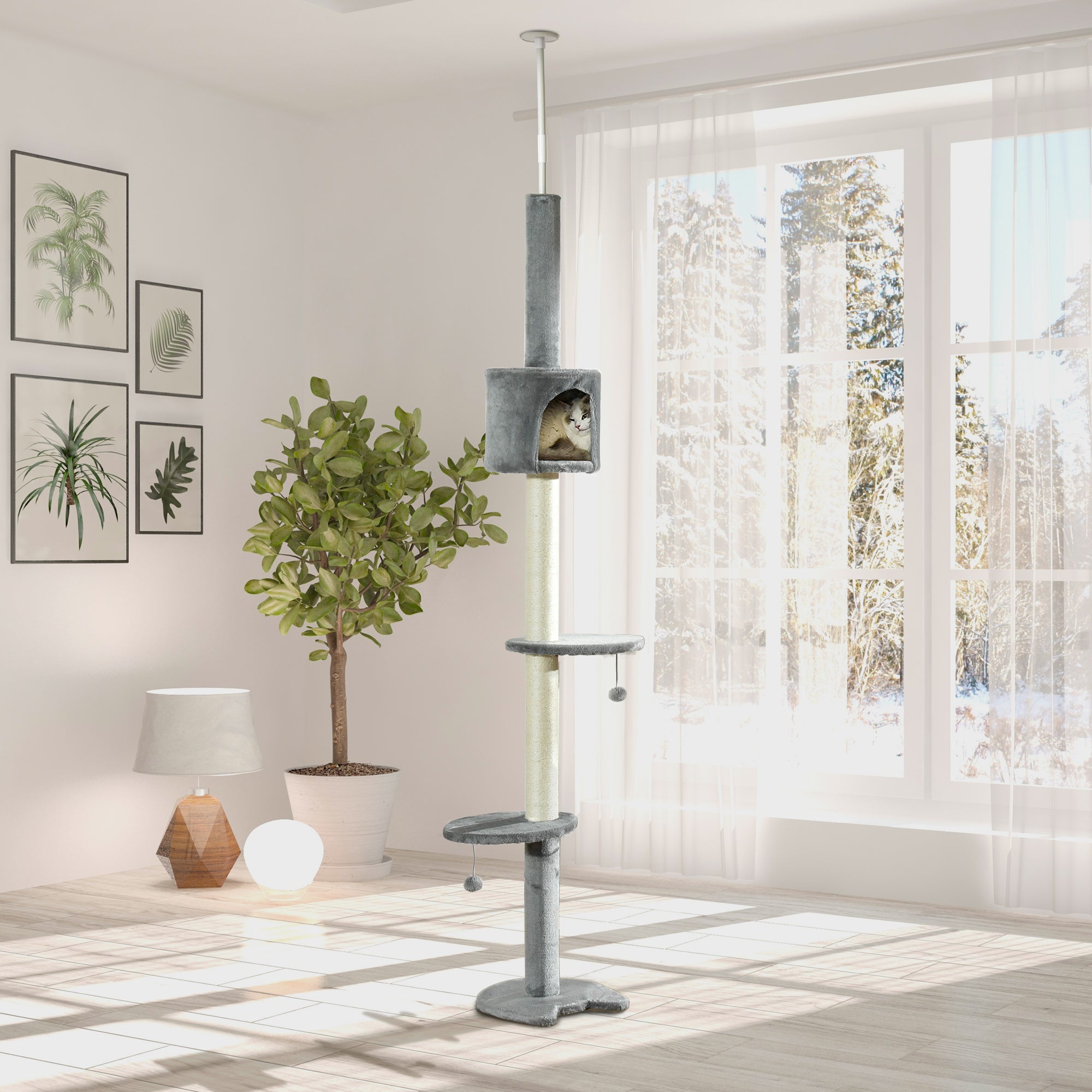 PawHut 85.5" Cat Tree Height Adjustable Floor-to-Ceiling 4-Tier Kitty Climbing Activity Center Condo Cat Toy with Scratching Post Hanging Balls Play Rest Post Pet Furniture Grey