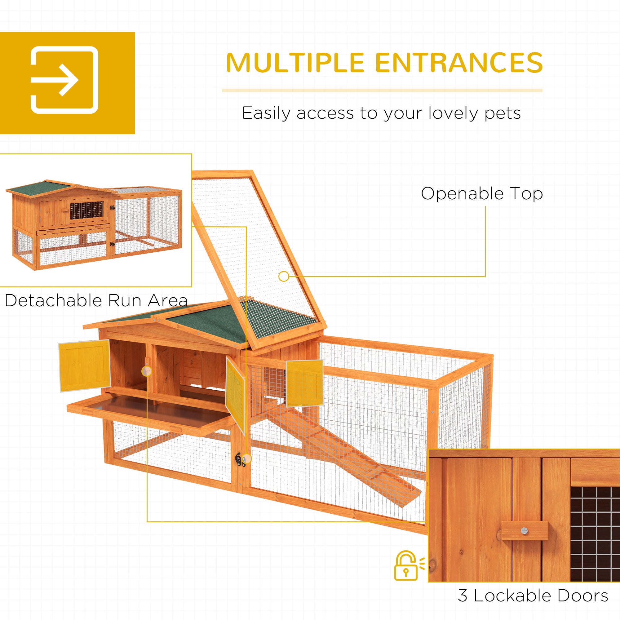 PawHut 61'' L 2-Story Rabbit Hutch Bunny Cage Small Animal House with Pull Out Tray, Detachable Run, Ramp, for Indoor Outdoor, Orange