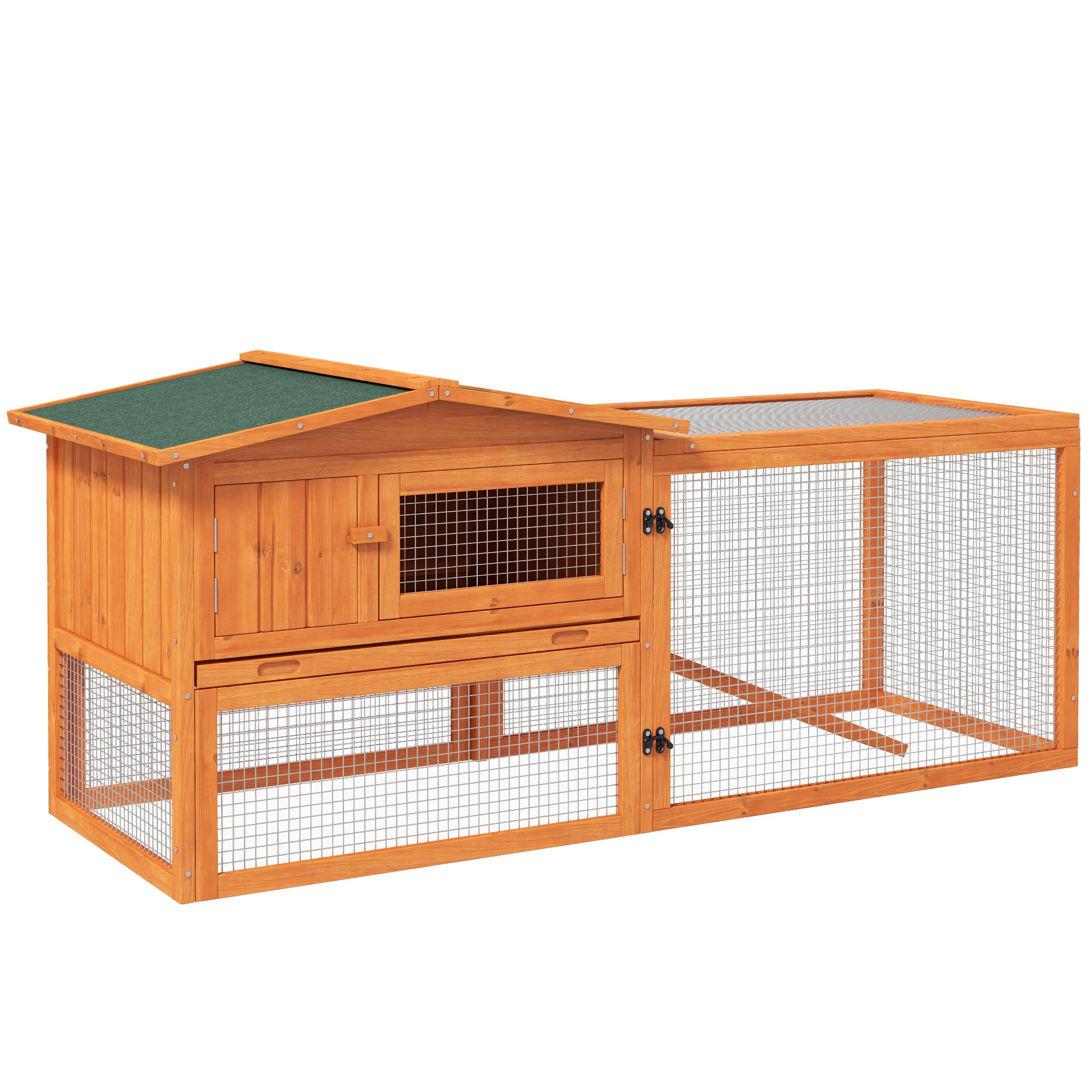 PawHut Rabbit Hutch with Run Wooden Guinea Pig Hutch Outdoor Bunny Cage Hide House with Sliding Tray, Hay Rack, Ramp, 156 x 58 x 68cm, Orange