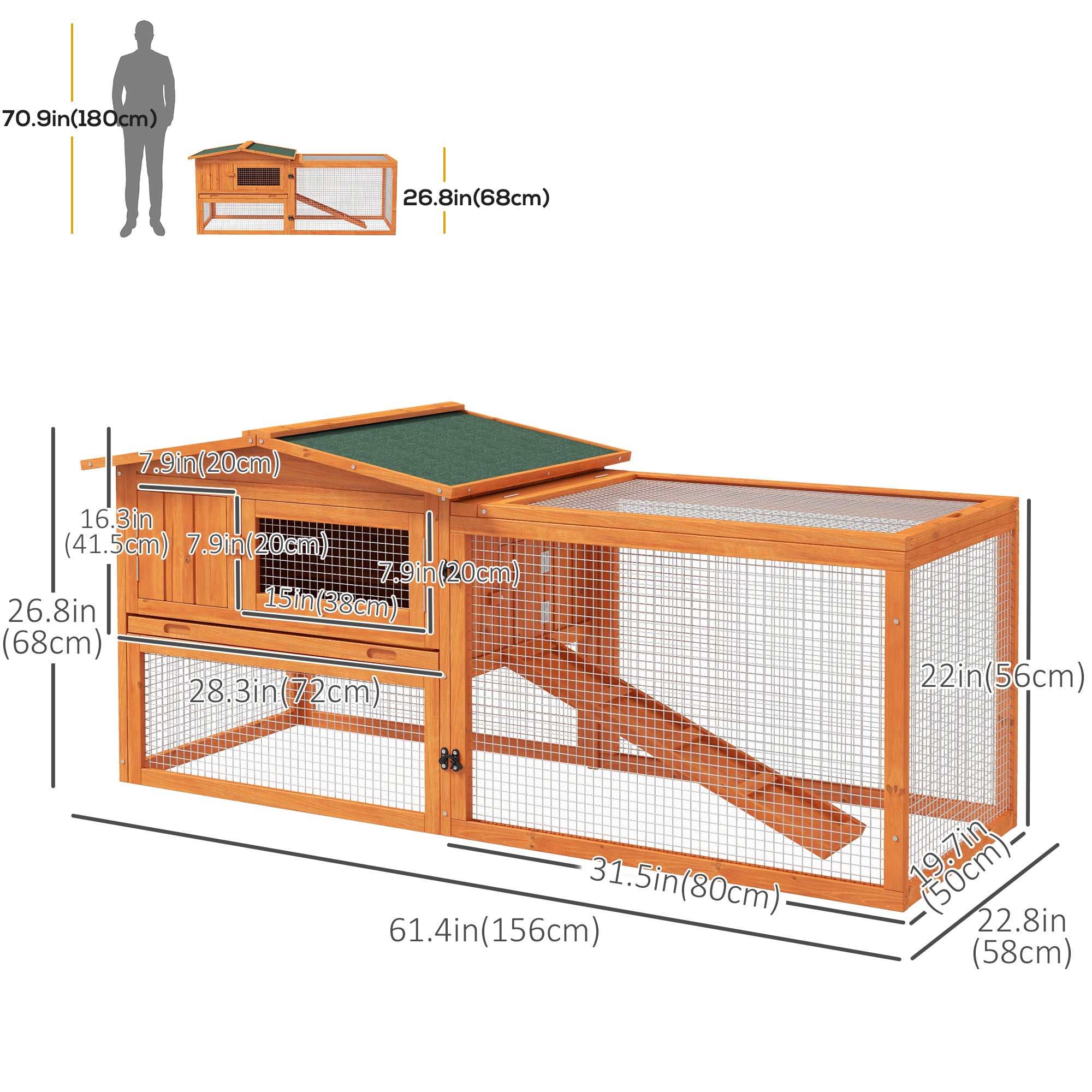 PawHut 61'' L 2-Story Rabbit Hutch Bunny Cage Small Animal House with Pull Out Tray, Detachable Run, Ramp, for Indoor Outdoor, Orange
