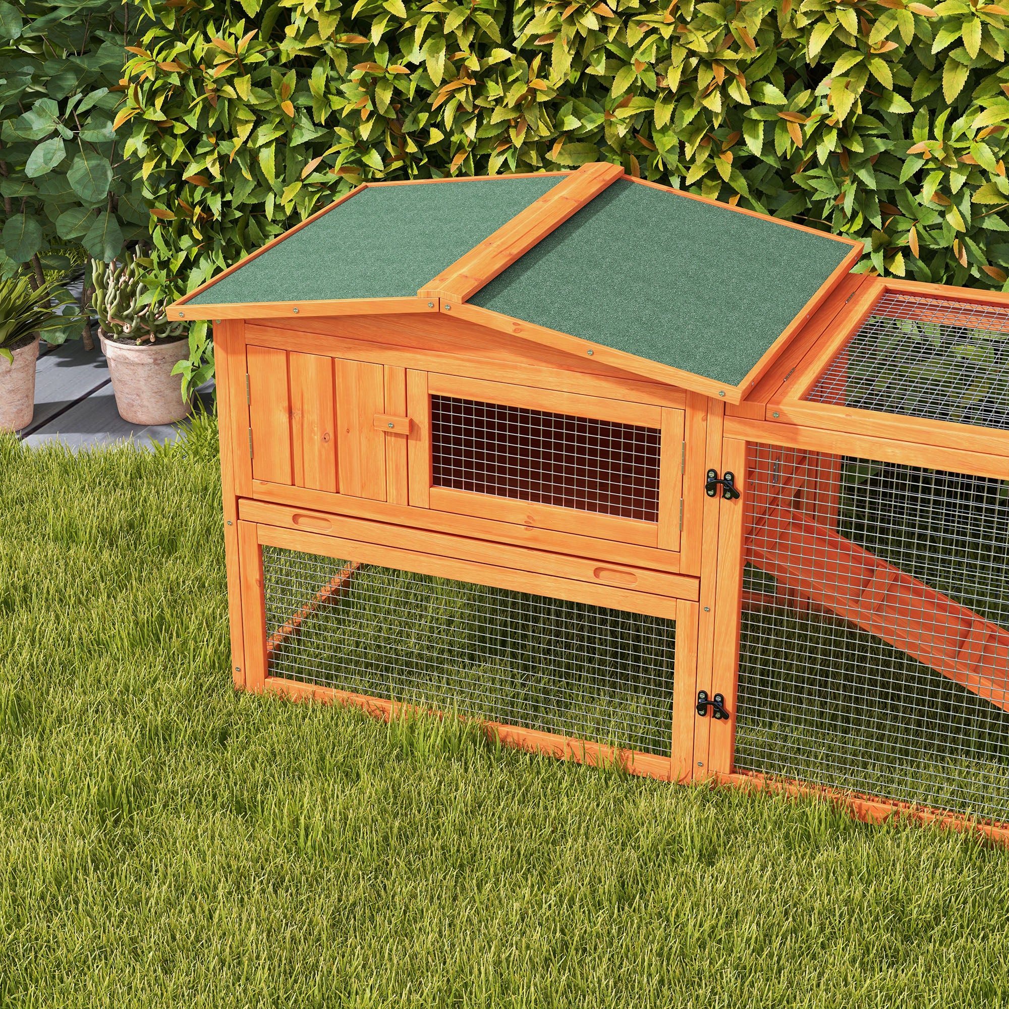 PawHut 61'' L 2-Story Rabbit Hutch Bunny Cage Small Animal House with Pull Out Tray, Detachable Run, Ramp, for Indoor Outdoor, Orange