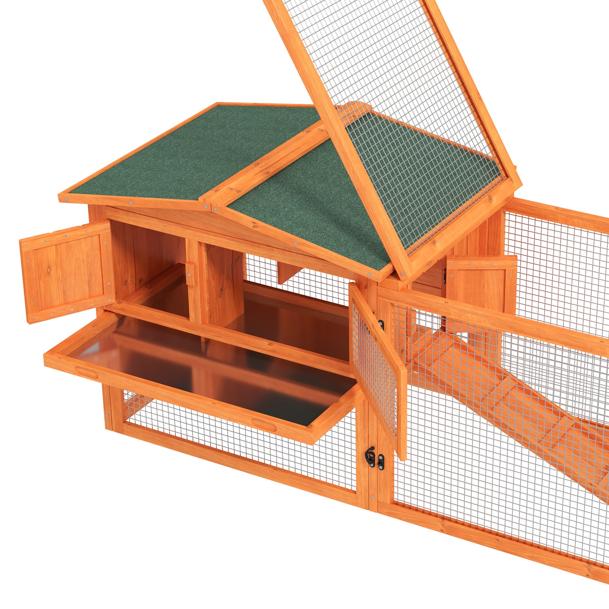 PawHut 61'' L 2-Story Rabbit Hutch Bunny Cage Small Animal House with Pull Out Tray, Detachable Run, Ramp, for Indoor Outdoor, Orange