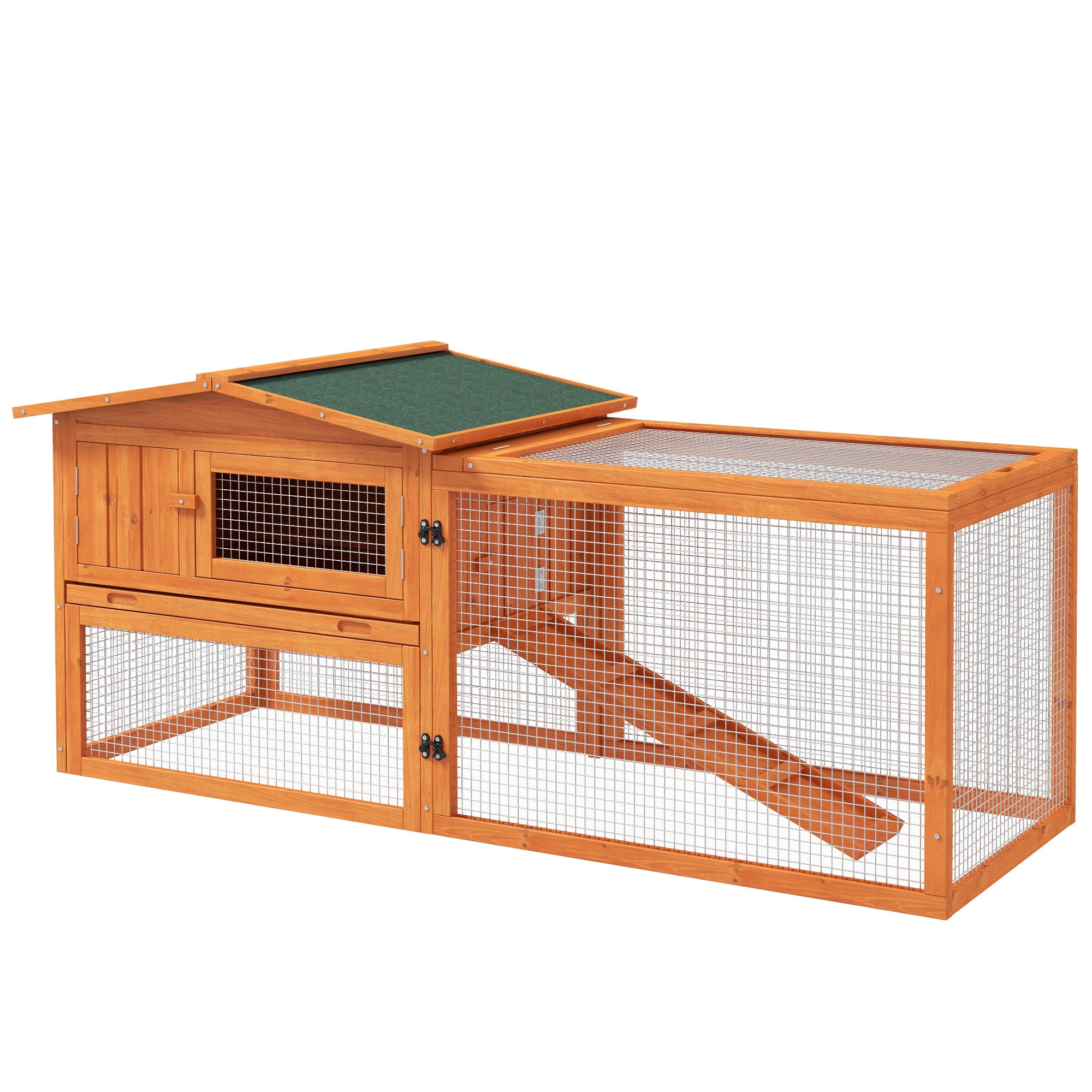 PawHut 61'' L 2-Story Rabbit Hutch Bunny Cage Small Animal House with Pull Out Tray, Detachable Run, Ramp, for Indoor Outdoor, Orange
