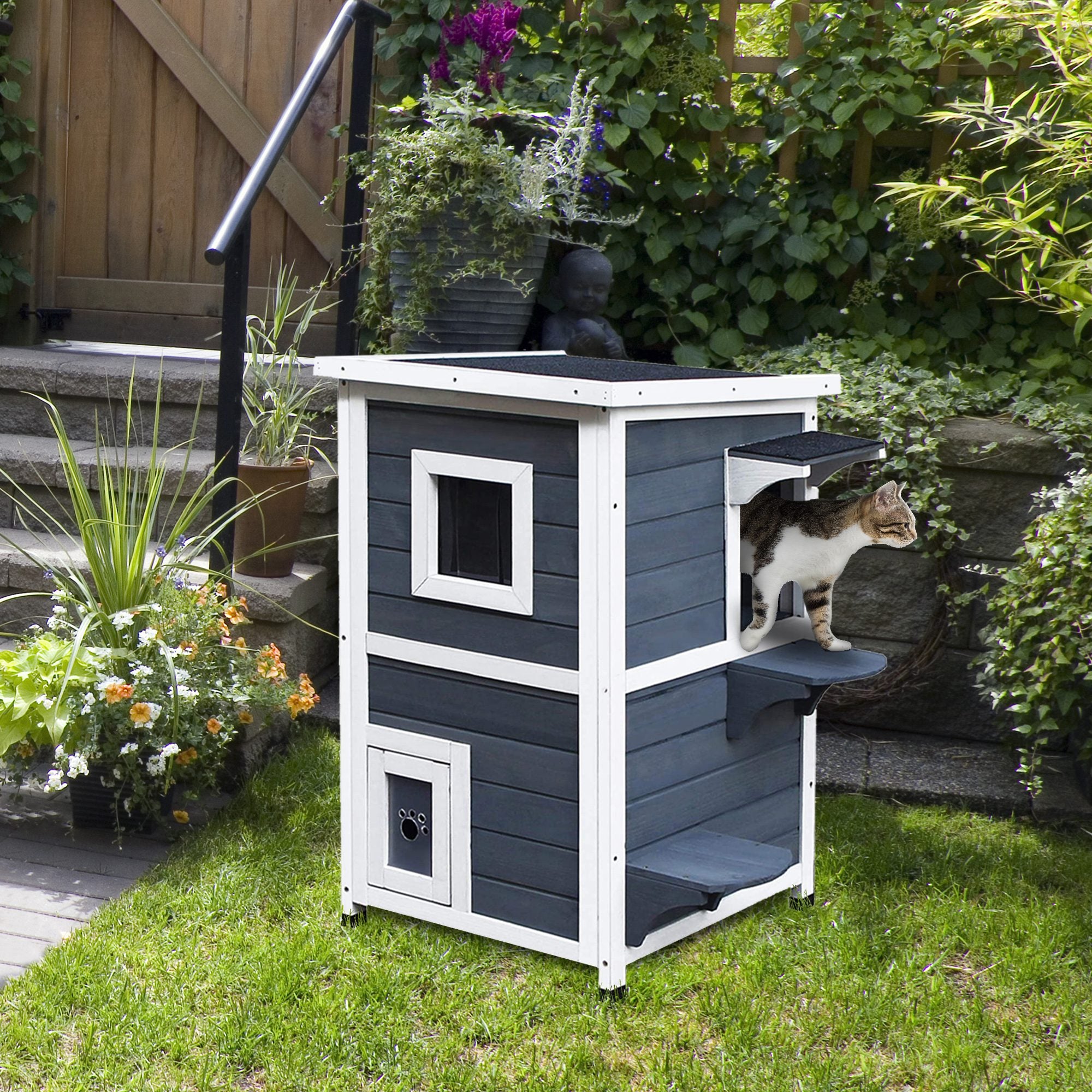 PawHut 2 Story Outdoor Cat House, Outdoor Cat Enclosure Wooden Cat Shelter with Windows, Platforms, Openable Top, Asphalt Roof, Grey