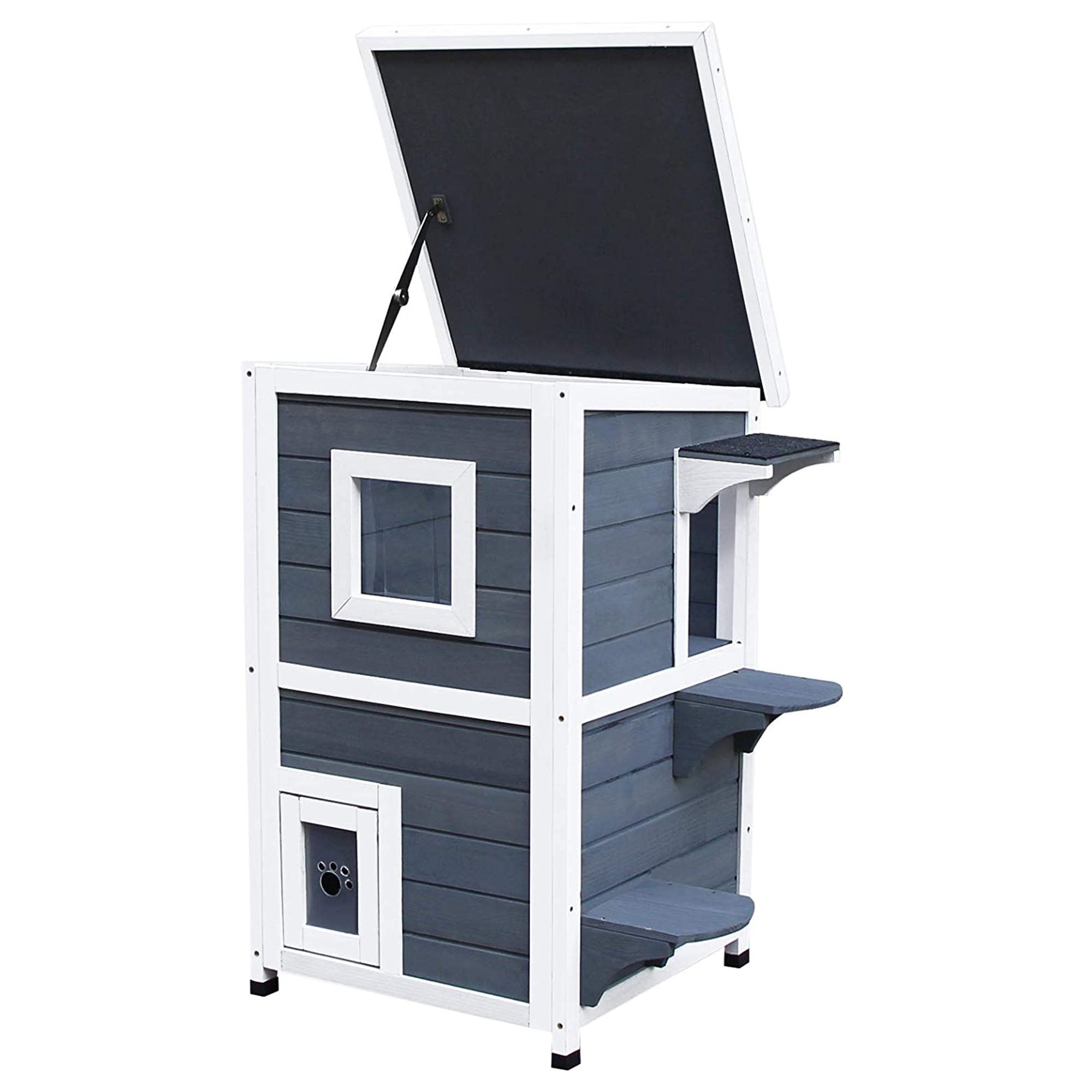 PawHut 2 Story Outdoor Cat House, Outdoor Cat Enclosure Wooden Cat Shelter with Windows, Platforms, Openable Top, Asphalt Roof, Grey
