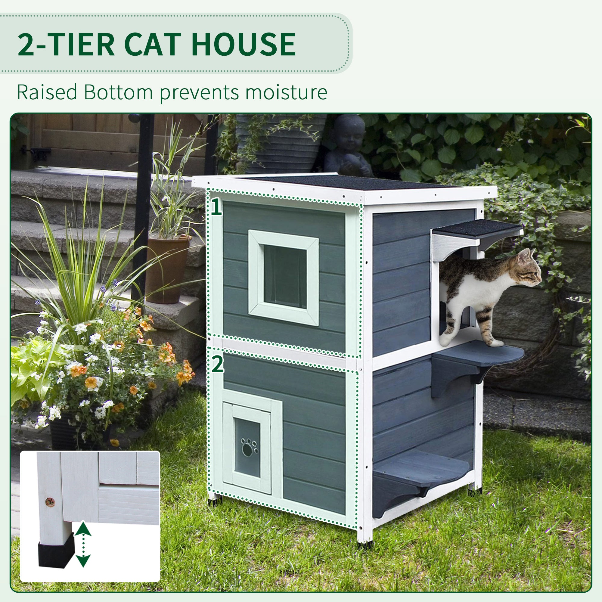 PawHut 2 Story Outdoor Cat House, Outdoor Cat Enclosure Wooden Cat Shelter with Windows, Platforms, Openable Top, Asphalt Roof, Grey