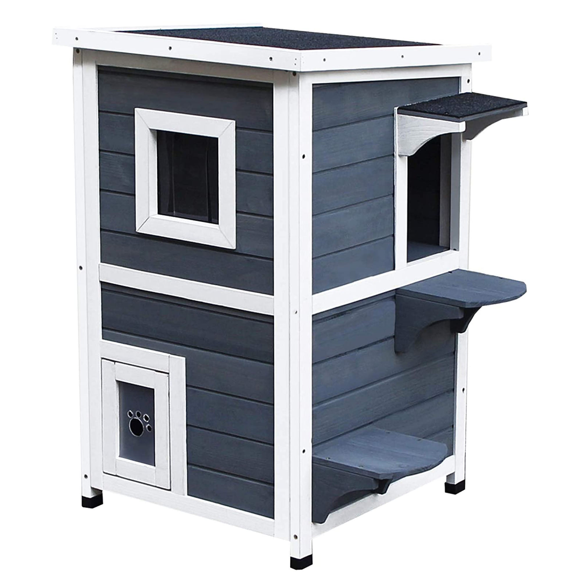 PawHut 2 Story Outdoor Cat House, Outdoor Cat Enclosure Wooden Cat Shelter with Windows, Platforms, Openable Top, Asphalt Roof, Grey