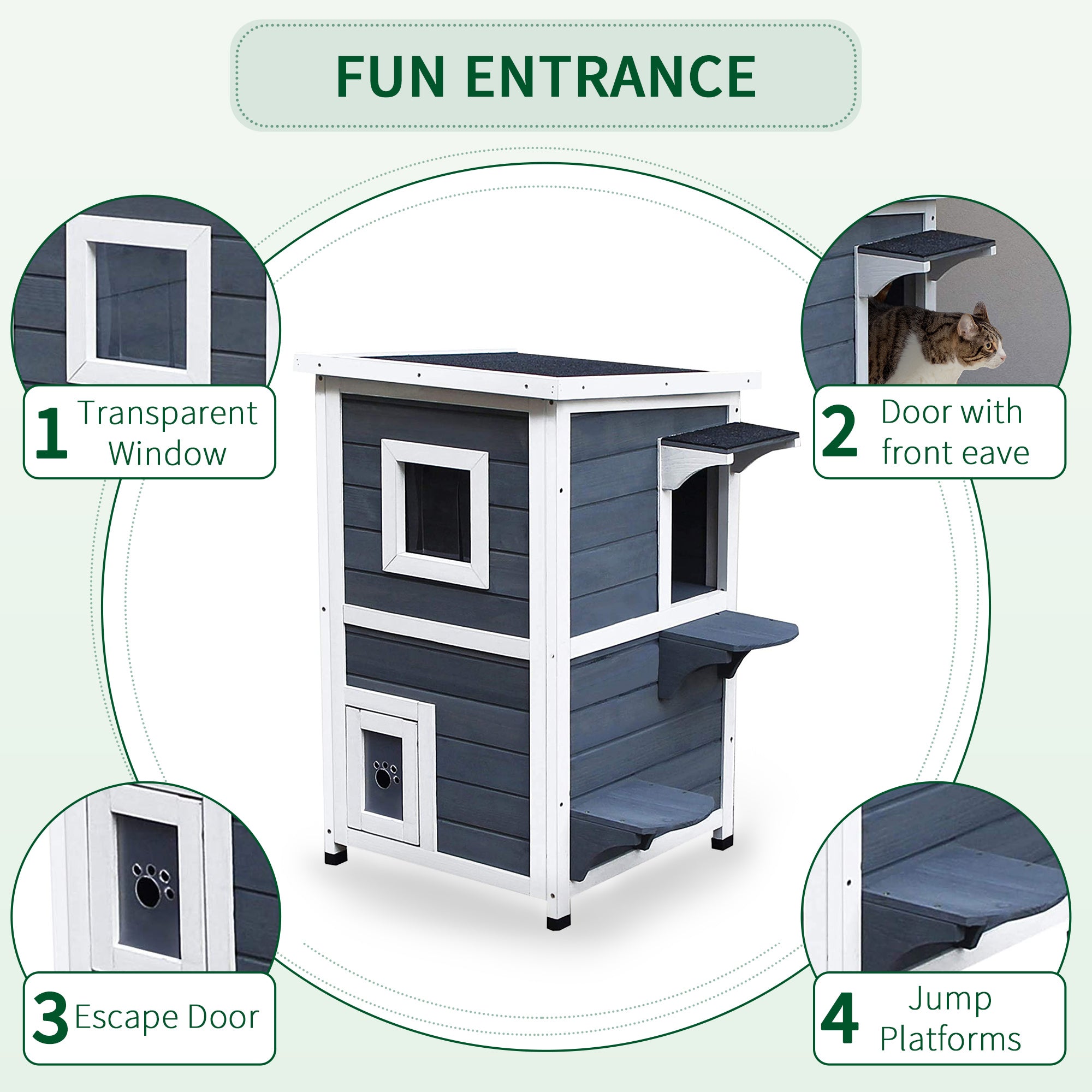 PawHut 2 Story Outdoor Cat House, Outdoor Cat Enclosure Wooden Cat Shelter with Windows, Platforms, Openable Top, Asphalt Roof, Grey