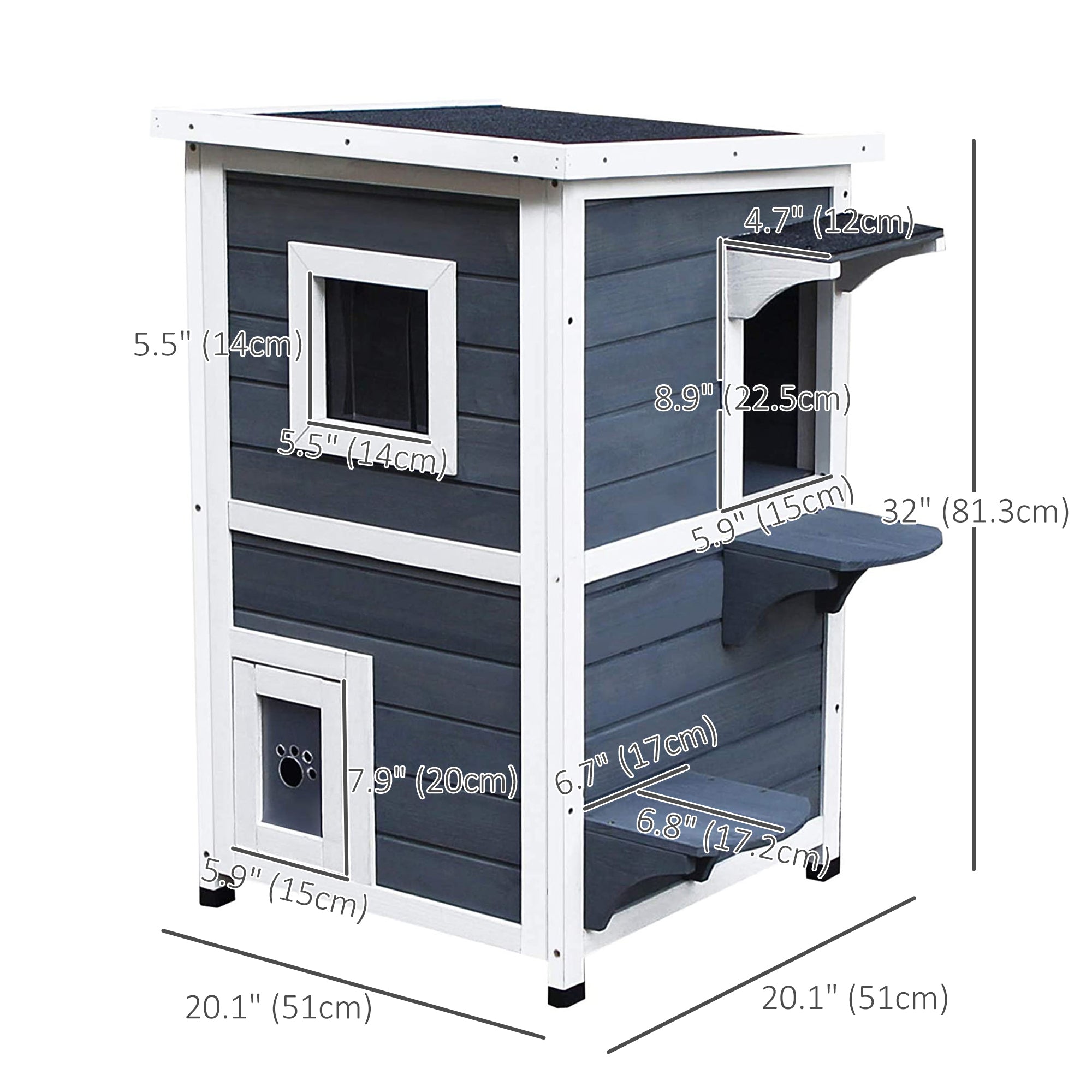 PawHut 2 Story Outdoor Cat House, Outdoor Cat Enclosure Wooden Cat Shelter with Windows, Platforms, Openable Top, Asphalt Roof, Grey