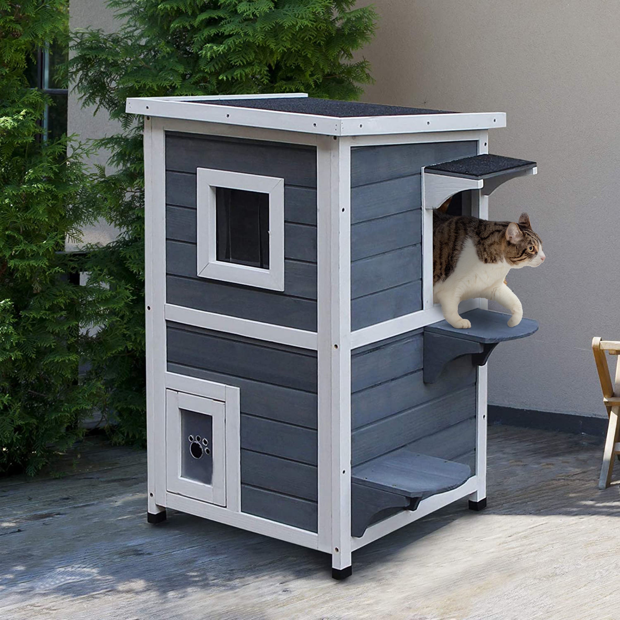 PawHut 2 Story Outdoor Cat House, Outdoor Cat Enclosure Wooden Cat Shelter with Windows, Platforms, Openable Top, Asphalt Roof, Grey