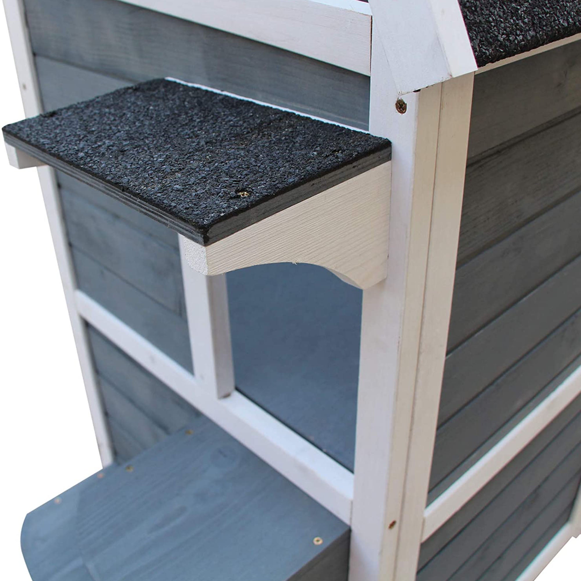 PawHut 2 Story Outdoor Cat House, Outdoor Cat Enclosure Wooden Cat Shelter with Windows, Platforms, Openable Top, Asphalt Roof, Grey