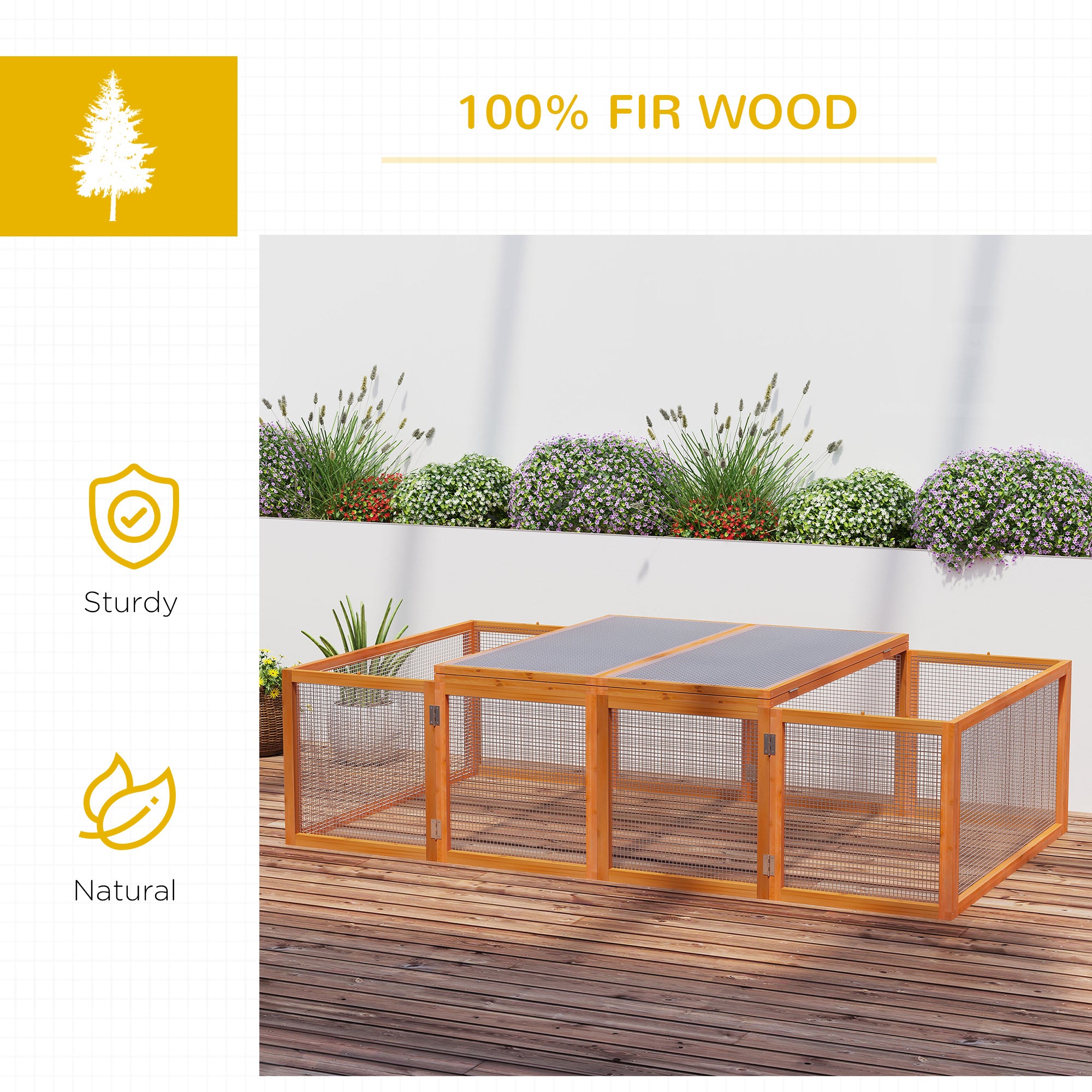 Pawhut Rabbit Run Wooden Rabbit Hutch Cage 6ft with Wire Mesh, Openable Roof, Play Space for Outdoor, 181 x 100 x 48 cm, Natural Wood Finish