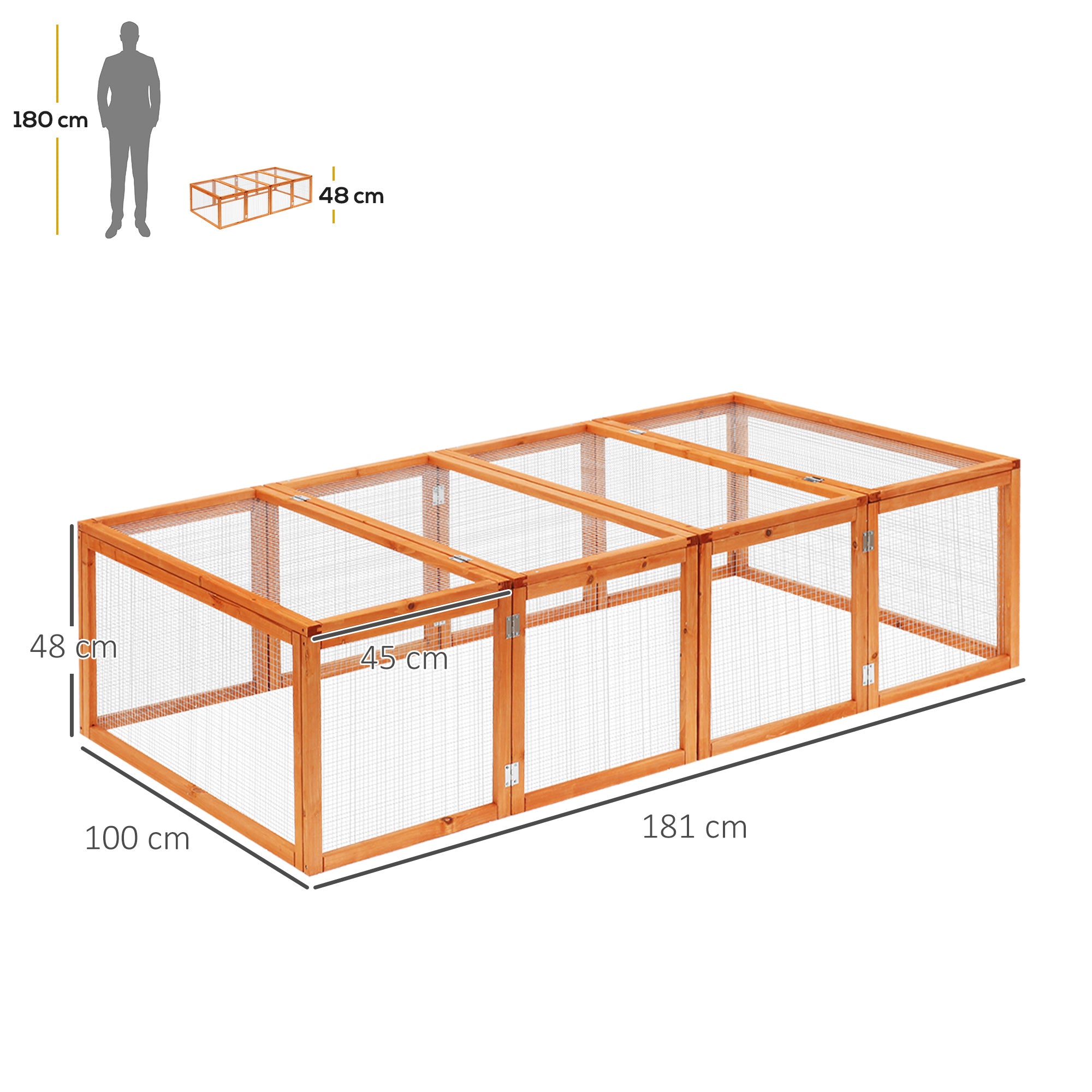 Pawhut Rabbit Run Wooden Rabbit Hutch Cage 6ft with Wire Mesh, Openable Roof, Play Space for Outdoor, 181 x 100 x 48 cm, Natural Wood Finish