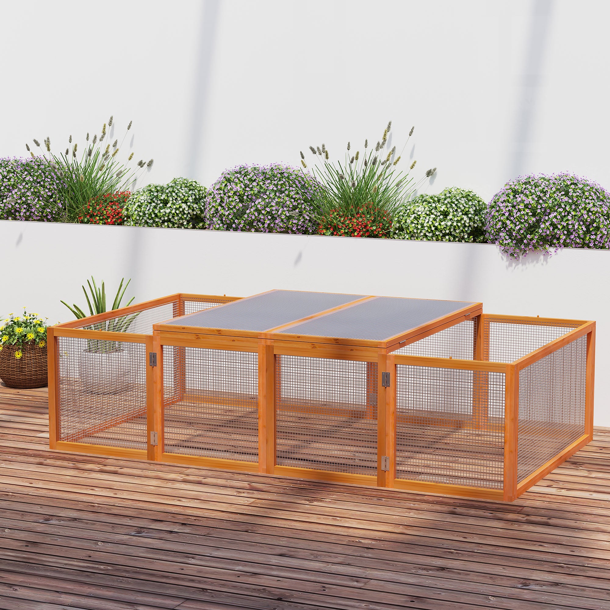 Pawhut Rabbit Run Wooden Rabbit Hutch Cage 6ft with Wire Mesh, Openable Roof, Play Space for Outdoor, 181 x 100 x 48 cm, Natural Wood Finish