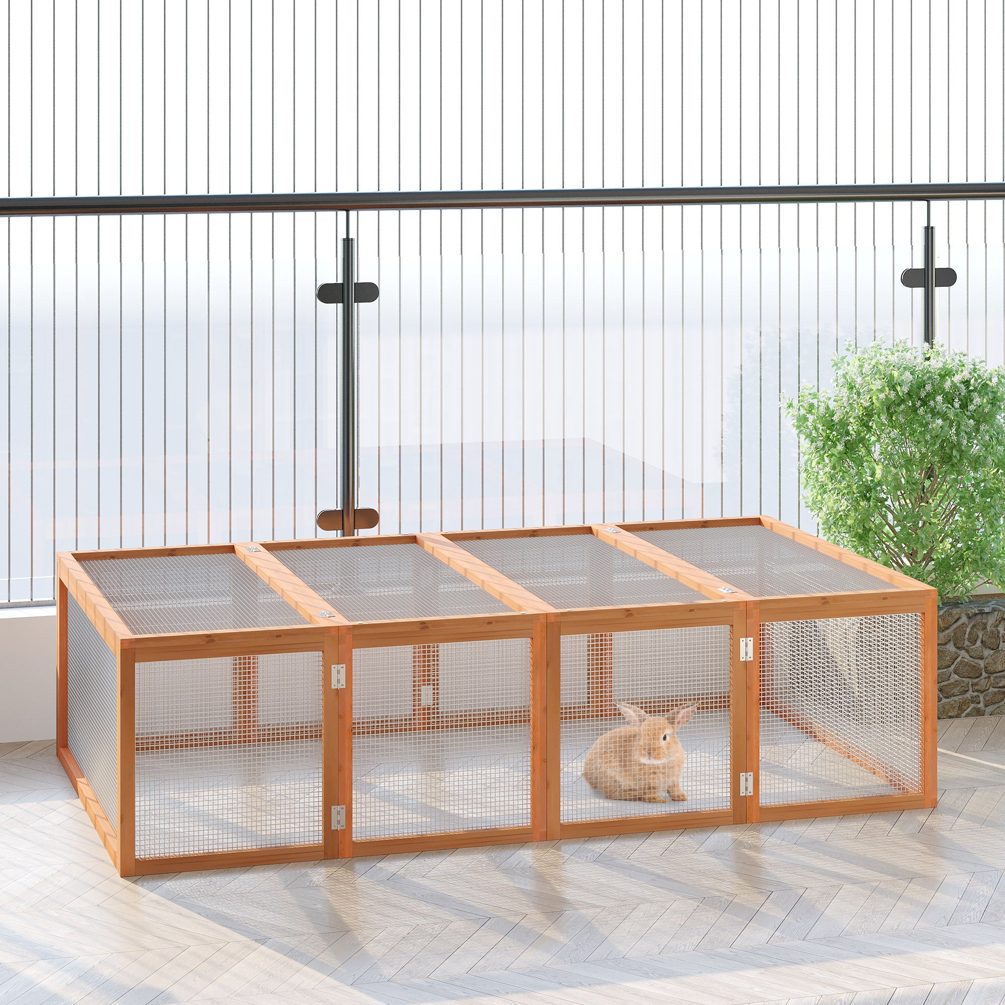 Pawhut Rabbit Run Wooden Rabbit Hutch Cage 6ft with Wire Mesh, Openable Roof, Play Space for Outdoor, 181 x 100 x 48 cm, Natural Wood Finish