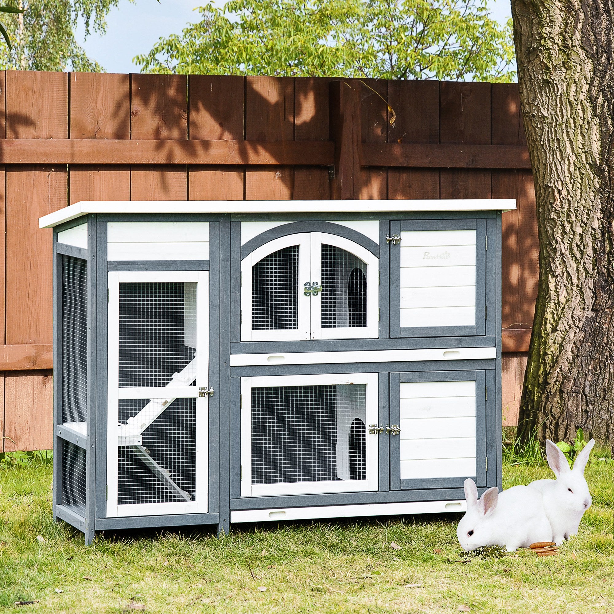 PawHut 57" Rabbit Hutch, 2 Tier Bunny Cage, Guinea Pig Cage, Bunny Run, Indoor Outdoor Small Animal House with Slide-out Tray, Ramp