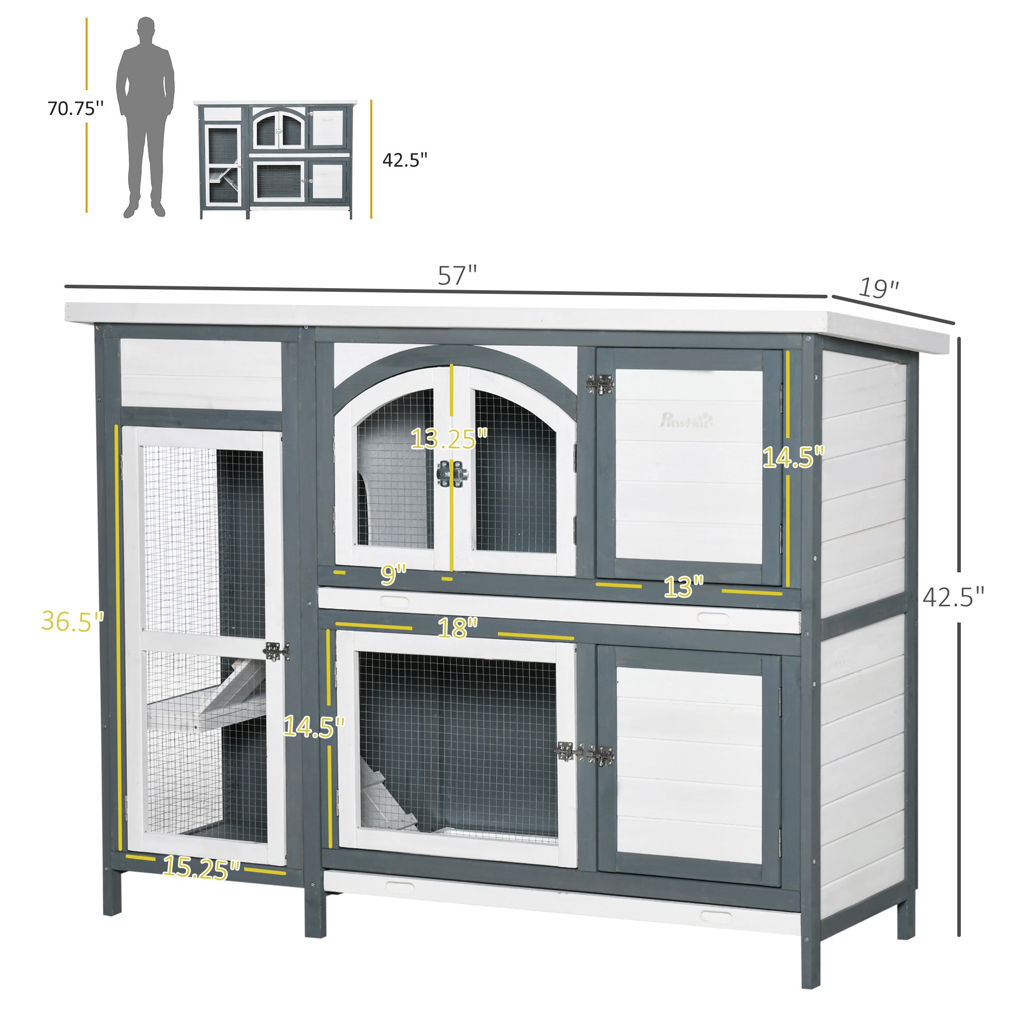 PawHut 57" Rabbit Hutch, 2 Tier Bunny Cage, Guinea Pig Cage, Bunny Run, Indoor Outdoor Small Animal House with Slide-out Tray, Ramp
