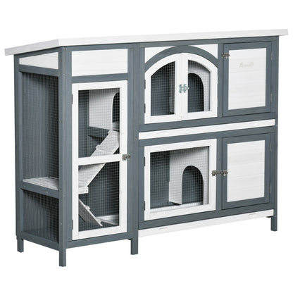 PawHut 57" Rabbit Hutch, 2 Tier Bunny Cage, Guinea Pig Cage, Bunny Run, Indoor Outdoor Small Animal House with Slide-out Tray, Ramp
