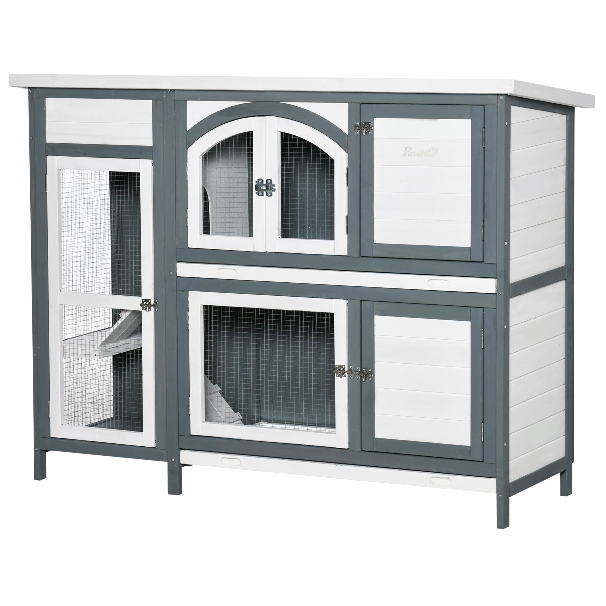 PawHut 57" Rabbit Hutch, 2 Tier Bunny Cage, Guinea Pig Cage, Bunny Run, Indoor Outdoor Small Animal House with Slide-out Tray, Ramp