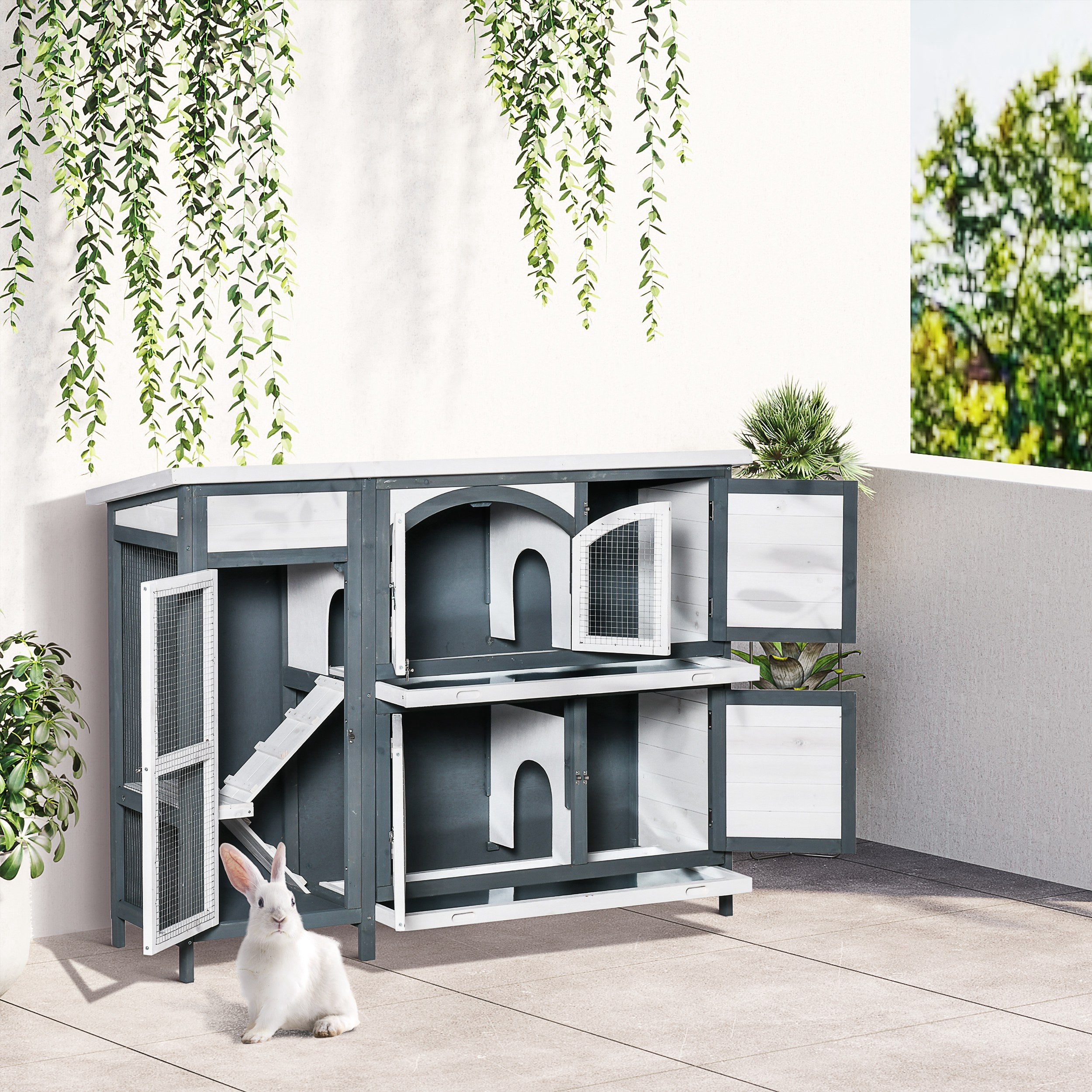 PawHut 57" Rabbit Hutch, 2 Tier Bunny Cage, Guinea Pig Cage, Bunny Run, Indoor Outdoor Small Animal House with Slide-out Tray, Ramp