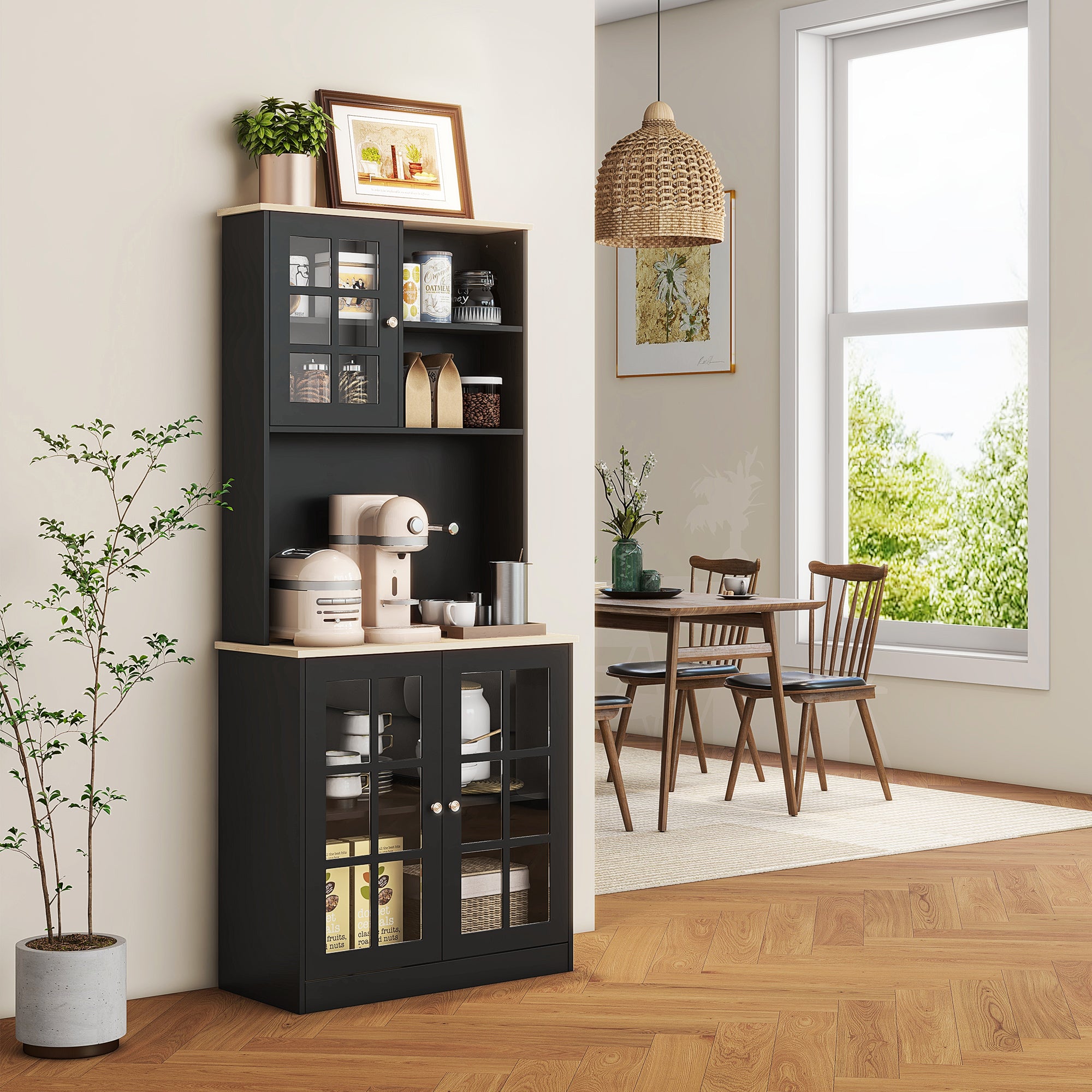 HOMCOM Kitchen Pantry, Buffet with Hutch with 3 Storage Cabinets, 2 Open Shelves and Large Countertop, Black