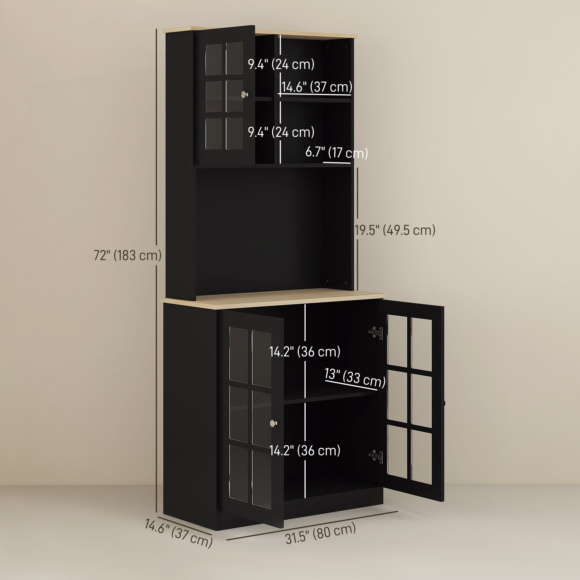 HOMCOM Kitchen Pantry, Buffet with Hutch with 3 Storage Cabinets, 2 Open Shelves and Large Countertop, Black