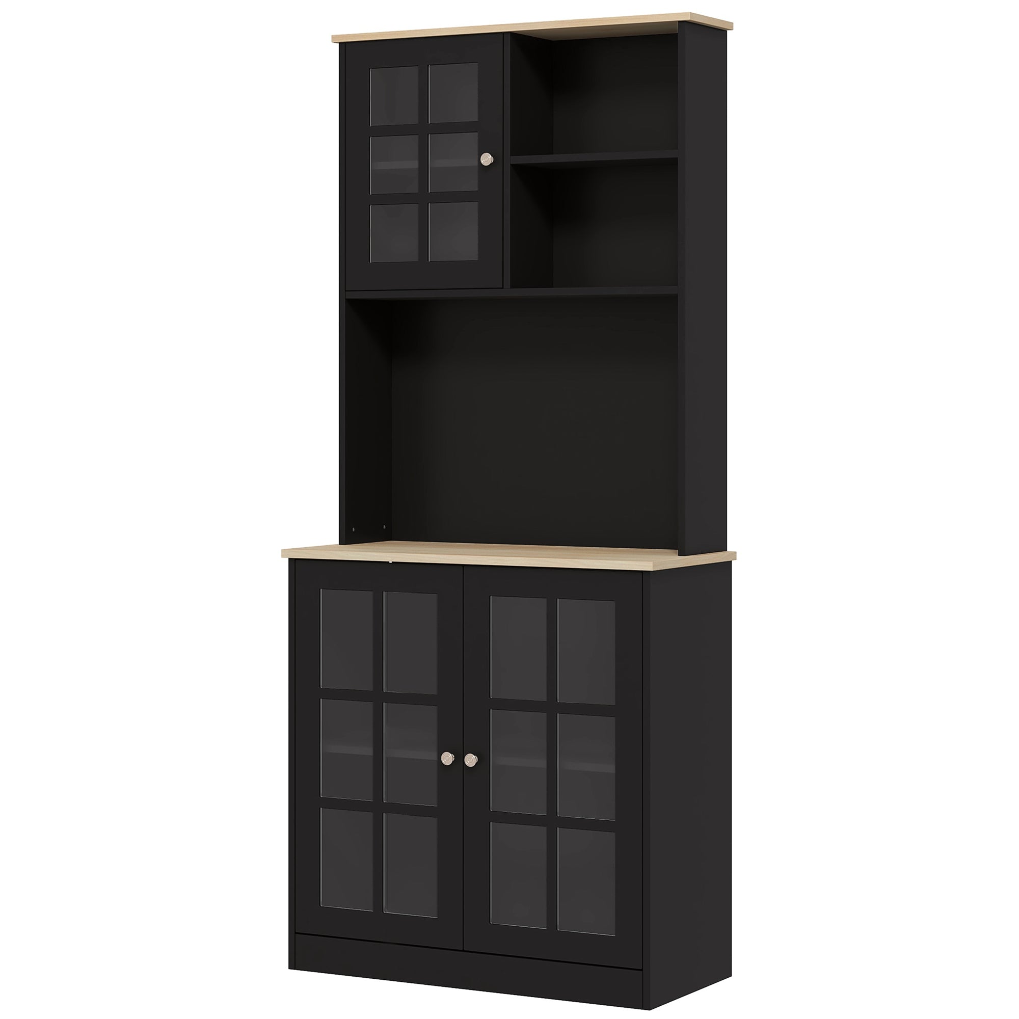 HOMCOM Kitchen Pantry, Buffet with Hutch with 3 Storage Cabinets, 2 Open Shelves and Large Countertop, Black