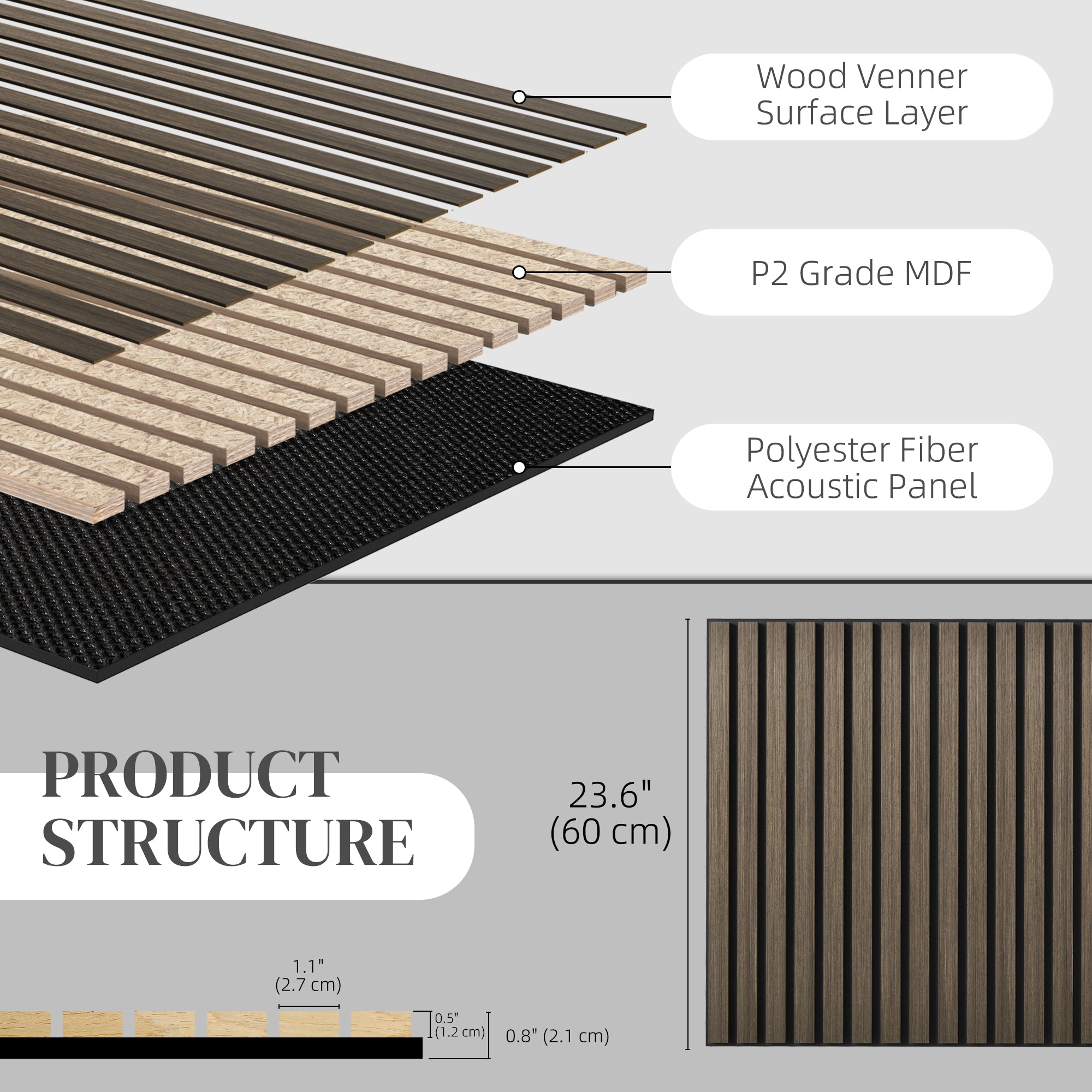 HOMCOM 24 x 24 Inches 3D Faux Wood Wall Panels, 4 Pack Acoustic Panels, Sound Absorbing and Proof Slat Wall For Interior Wall Decor, Home, Office, Studio, Walnut Brown